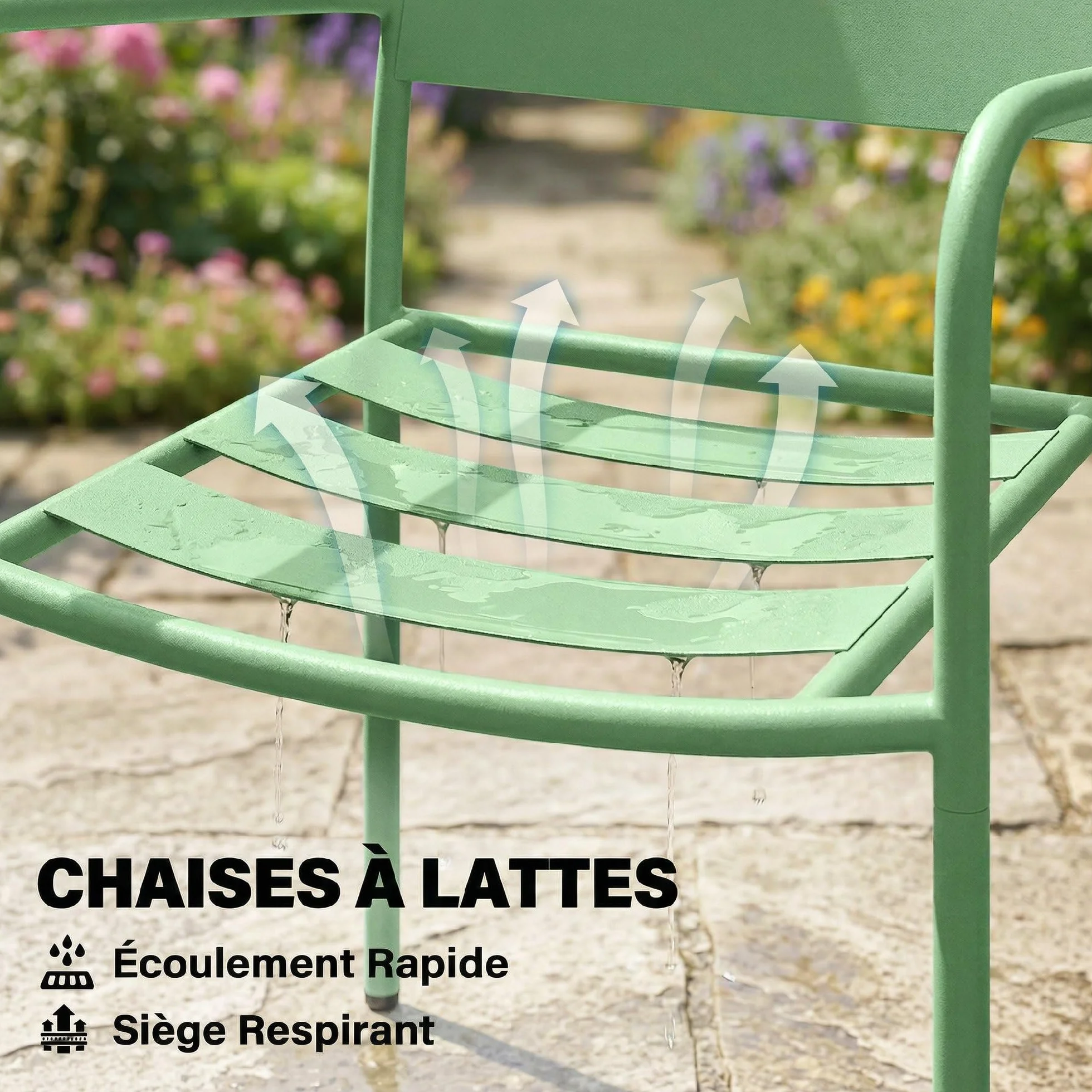 Outsunny Ensemble Bistrot de Jardin 3 Pièces - Table Basse en Verre Trempé et 2 Chaises à Lattes, Acier Galvanisé Antirouille - Mobilier de Jardin Chic, Vert