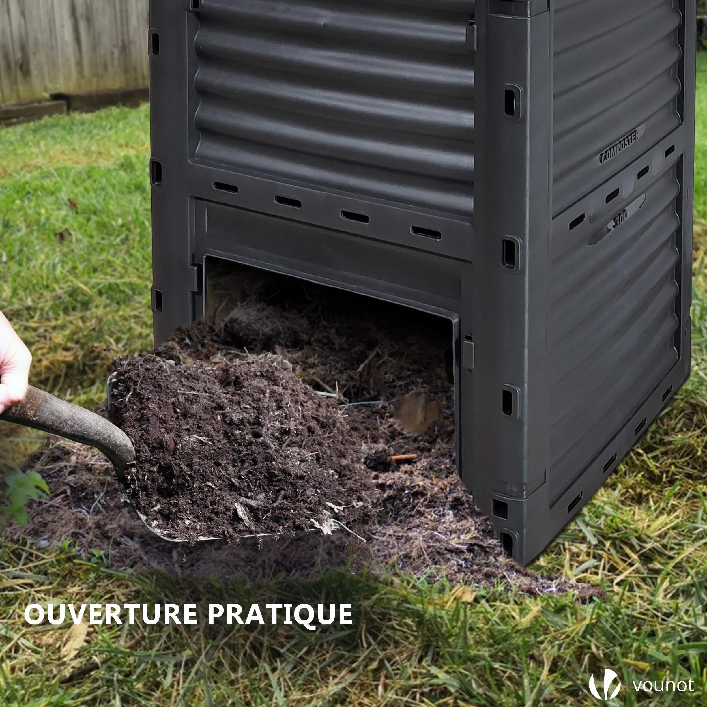 VOUNOT Composteur de Jardin 300L Bac à Composte Polypropylène Résistant aux Chocs et aux UV Noir
