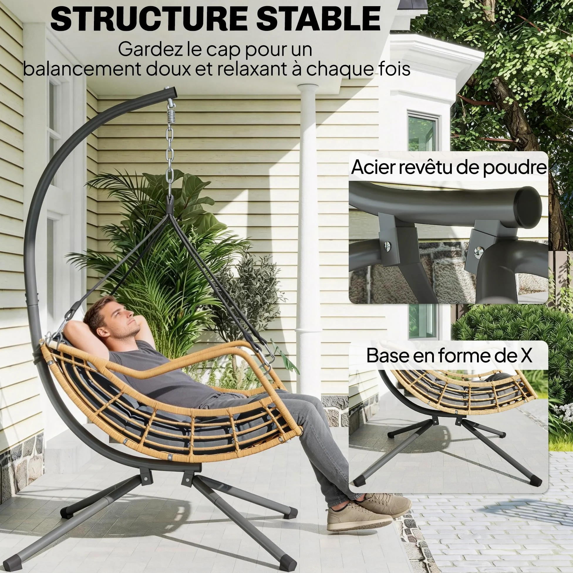 Outsunny Fauteuil Suspendu en résine tressée avec Support, Chaise Suspendue, Chaise hamac balançoire, Coussin et Attache de sécurité, Hauteur réglable, Cadre en Acier, intérieur et extérieur, Gris