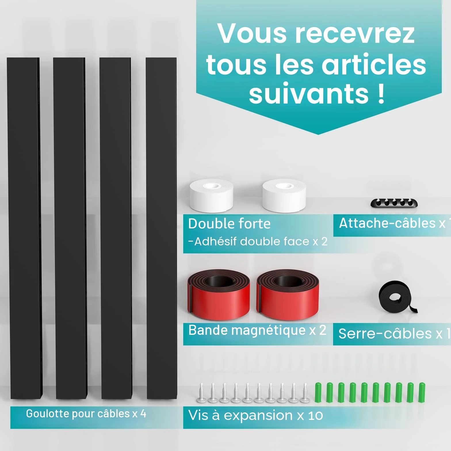 Kit de Goulotte Passe Cable Magnétique 4PCS 3.5x3x40cm Noir pour Bureau de Jeu et Télévision