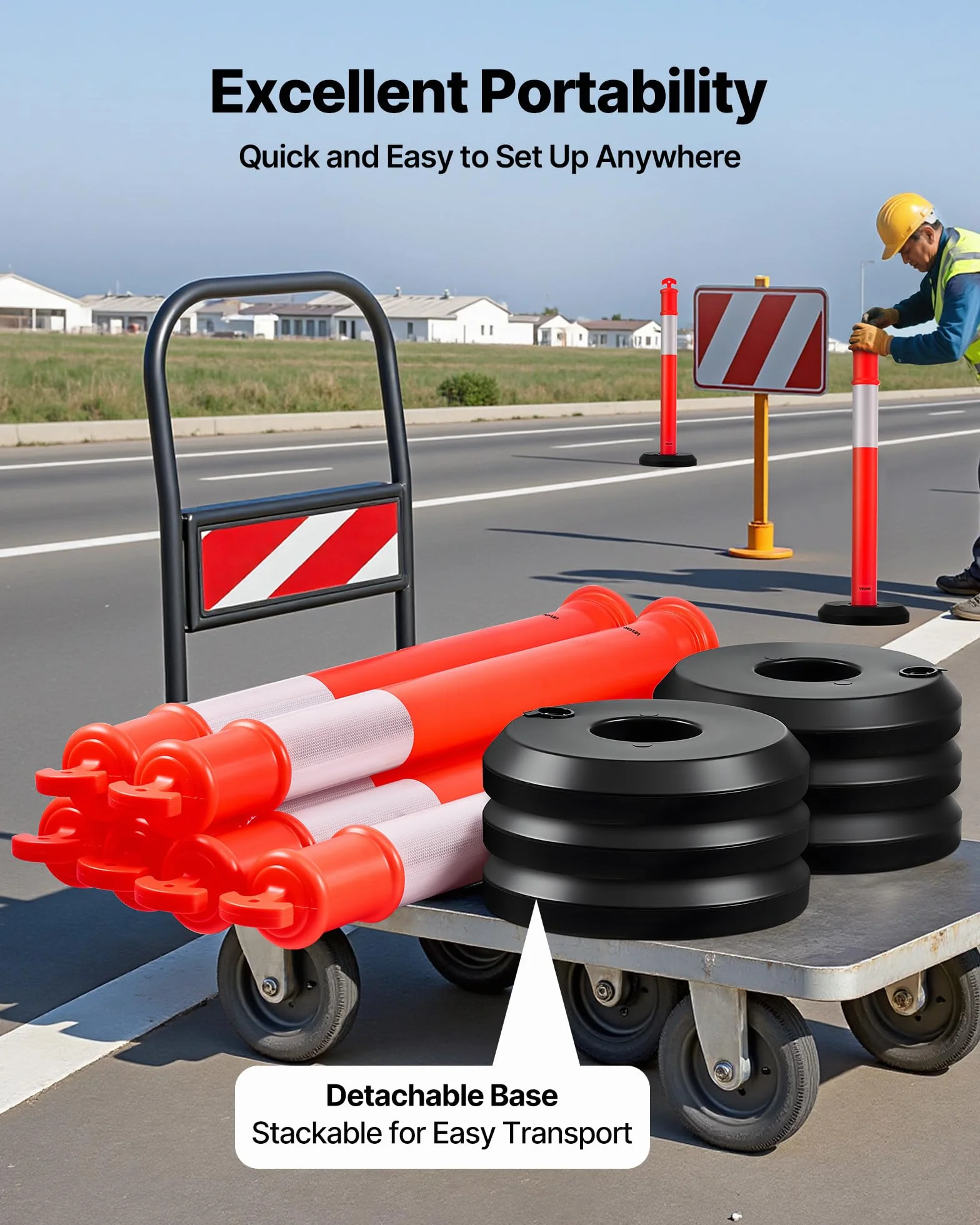VEVOR Poteau de Signalisation 114 cm 6PCs Balise Délimitation Base Remplissable Bandes Réfléchissantes