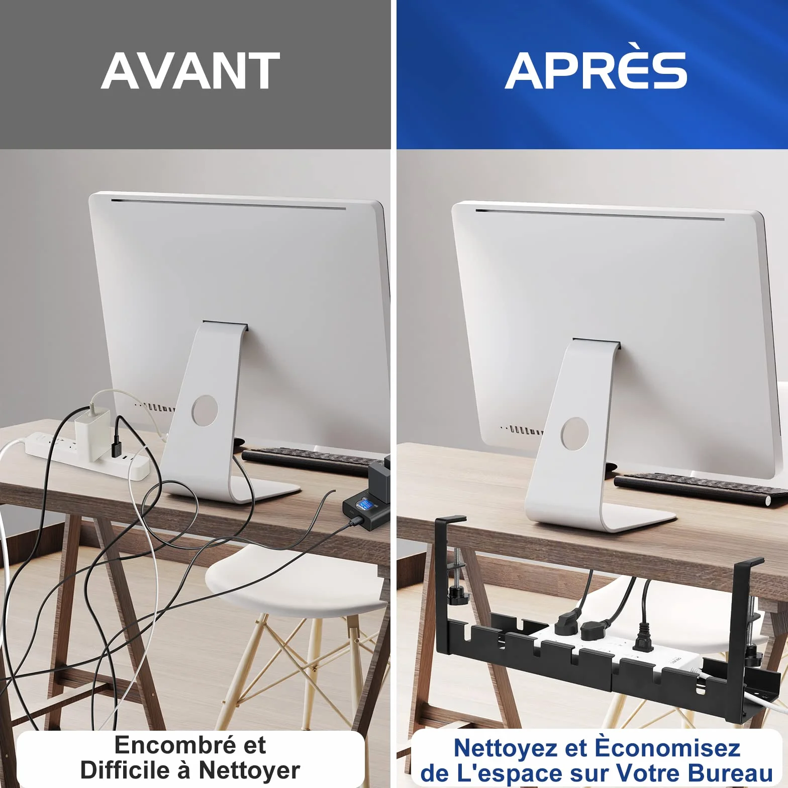 WADEO Plateau Gestion Câbles Bureau Rétractable 28.5-52cm - Organiseur Câbles Ajustable sans Perçage, Kit 148 Pièces, Panier Maille Métallique