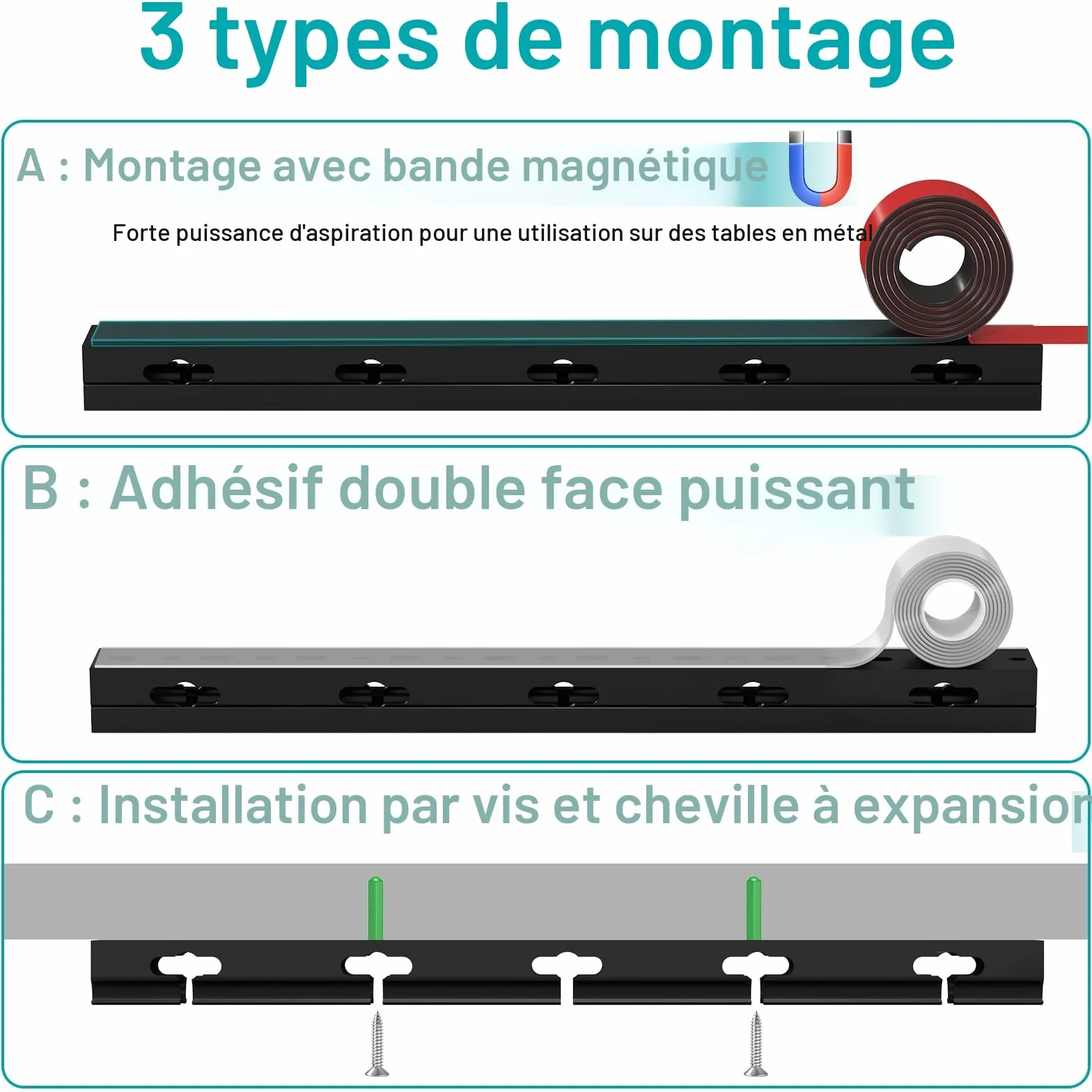 Kit de Goulotte Passe Cable Magnétique 4PCS 3.5x3x40cm Noir pour Bureau de Jeu et Télévision