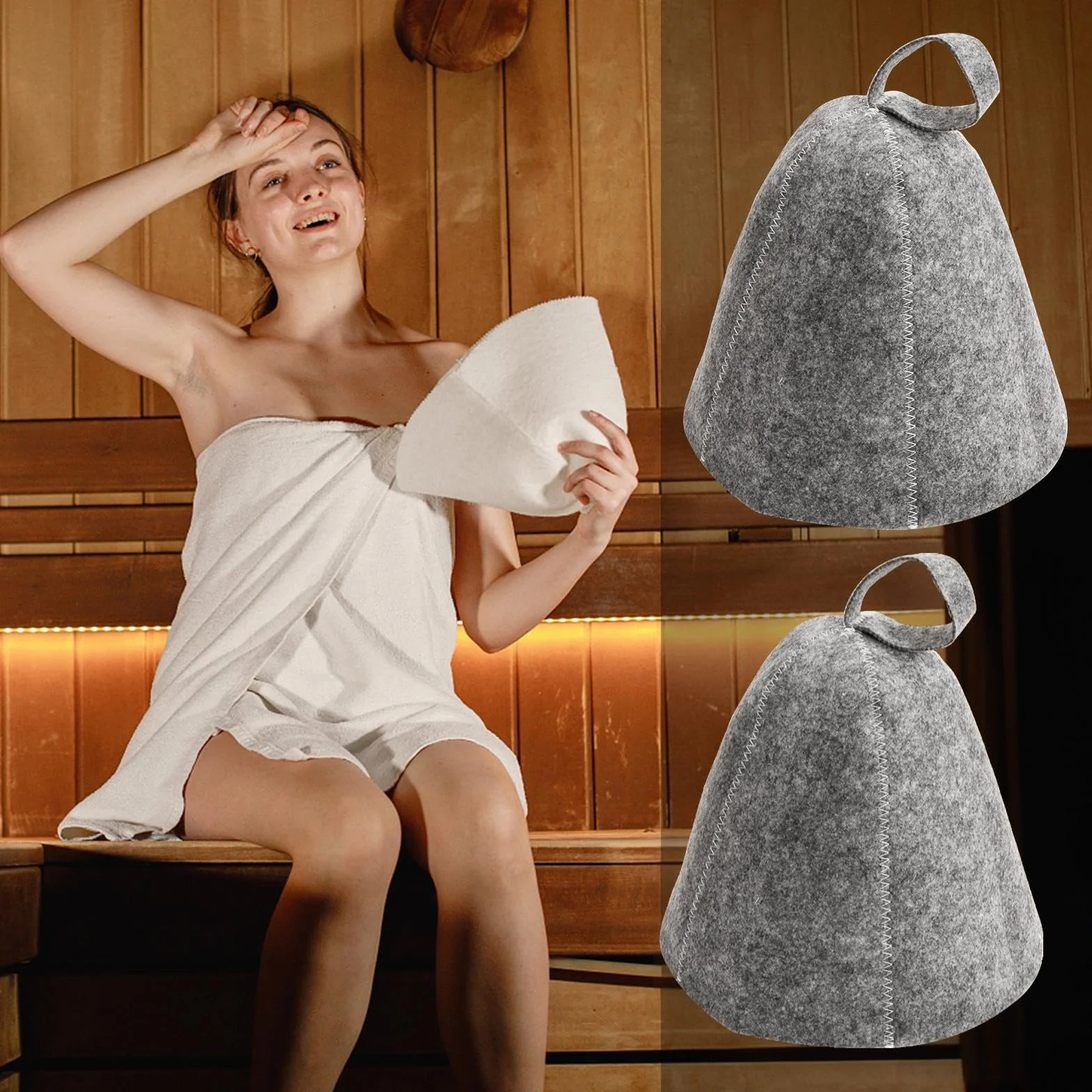 Chapeau Sauna en Feutre 2 Pièces Anti-Chaleur Bonnet de Sauna pour Homme Femme (Gris)