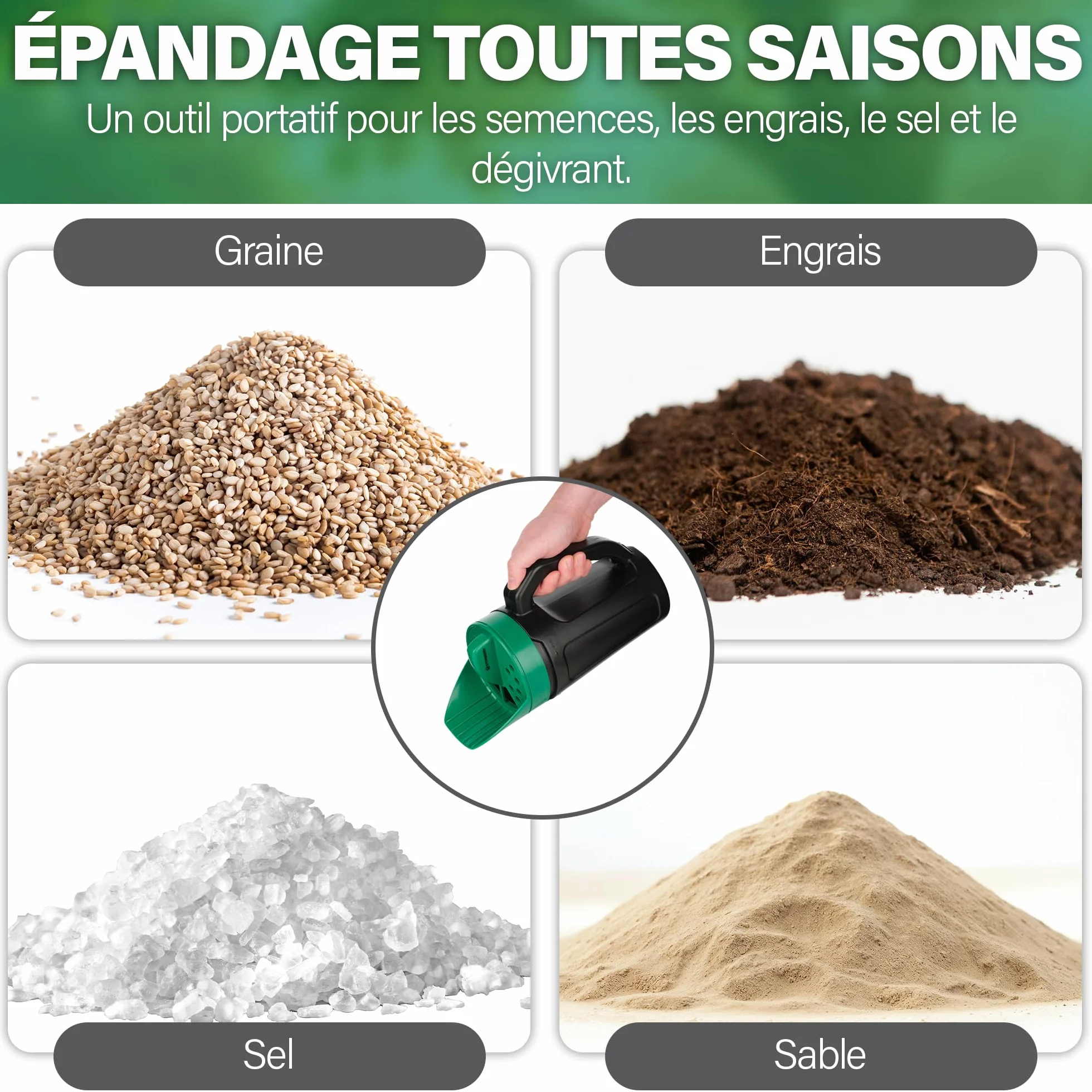 Épandeur de semences STOWBERRY avec cadran réglable pour sel, engrais et gazon