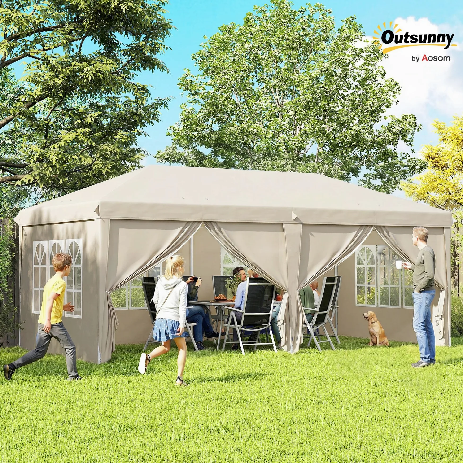 Outsunny Tonnelle de Jardin 3x6m Barnum Pliant avec Côtés Amovibles - Tente de Réception Structure en Acier Renforcée - Abri de Jardin Pop-up pour Mariage, Fête et Marché, Sac de Transport, Beige