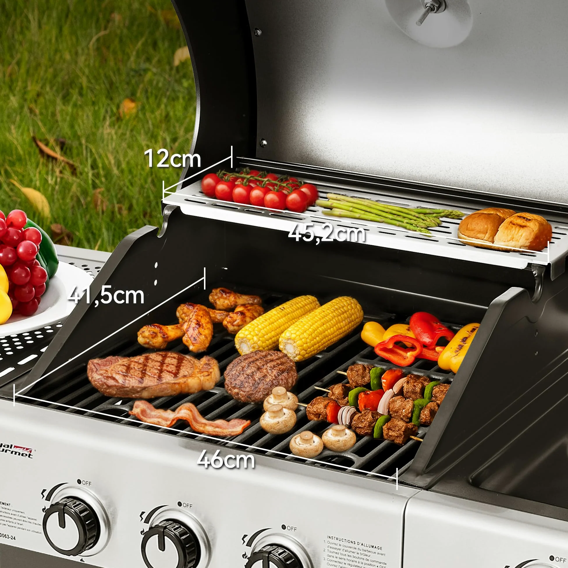 Royal Gourmet Barbecue Gaz à 3 Brûleurs avec Brûleur Latéral, Gril à Gaz sur Chariot de Puissance 11,5 KW avec 2 Grille en Fonte et 2 Tables d’Appoint, Adapté pour Jardin et Extérieure, Argent