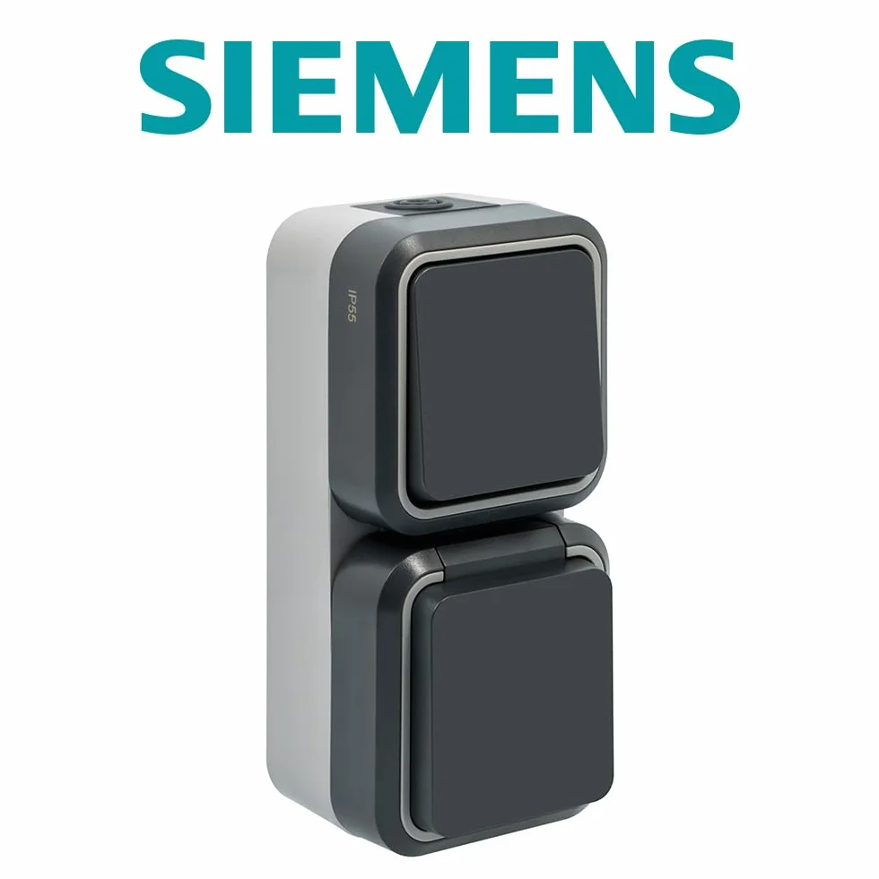 SIEMENS Interrupteur Va-et-Vient avec Prise 2P+T Étanche Gris IP55 Pose en Saillie