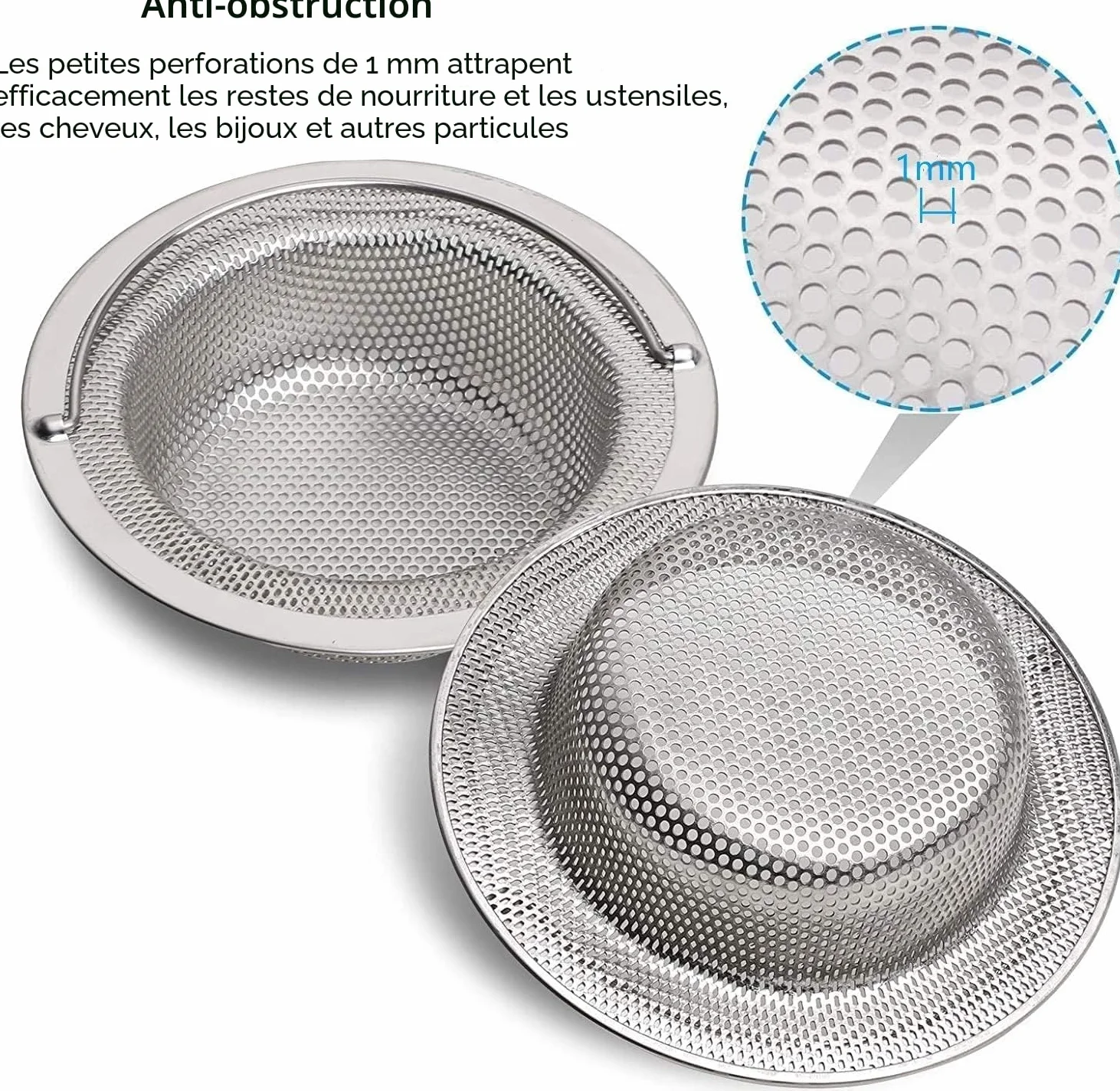 Filtre à évier de Cuisine en acier inoxydable, Crépine de Vidange avec Poignée Relevable, Lot de 2, Diamètre Extérieur 11 cm x Hauteur 2 cm