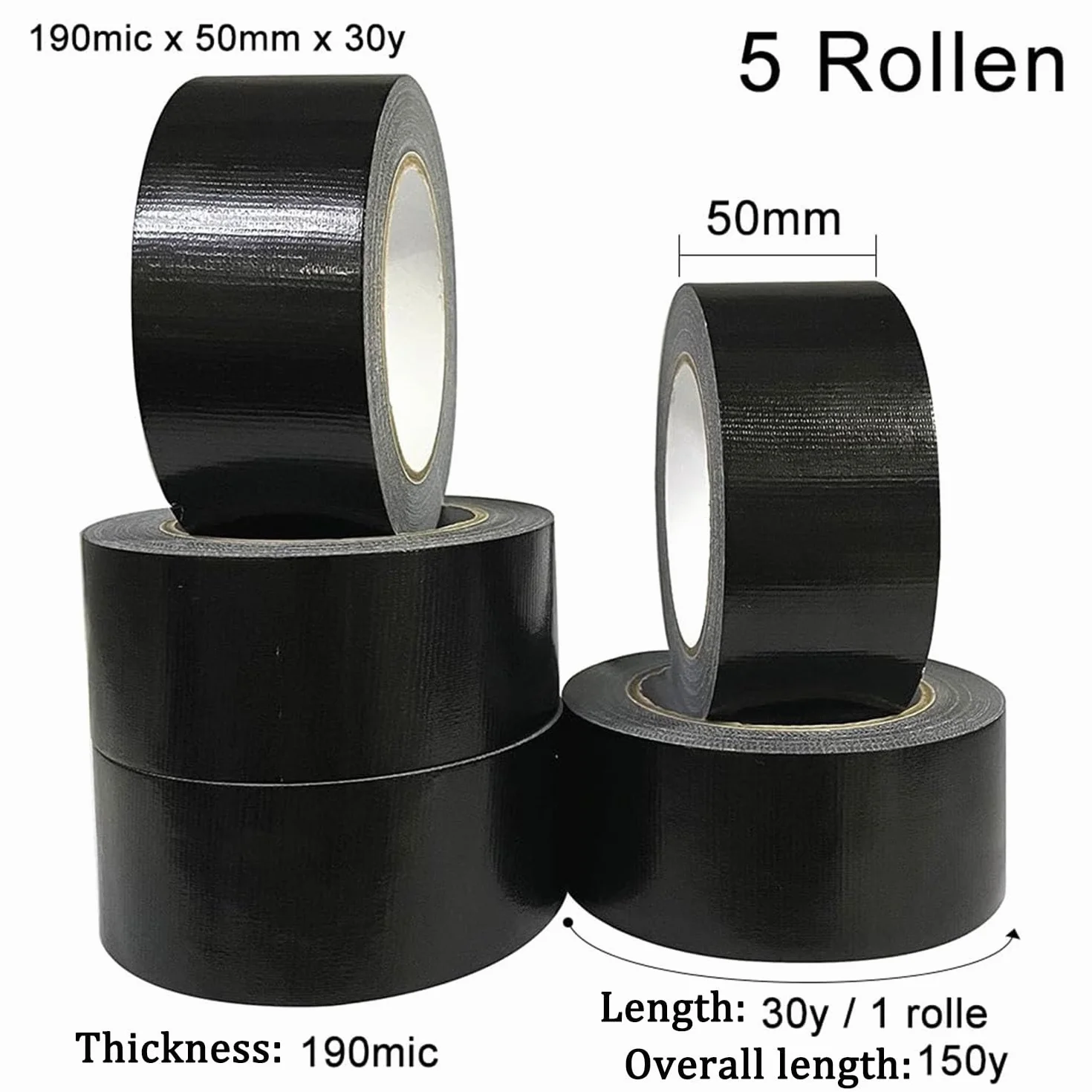 Lot de 5 rubans adhésifs en toile résistant noir 210 mic x 50 mm x 27,4 m, ruban adhésif américain de réparation d'étanchéité, heavy duty duct tape black