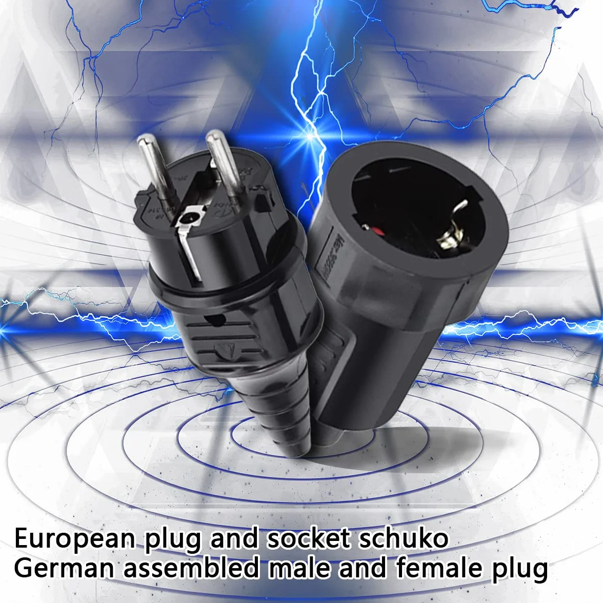 Fiche Électrique Mâle + Prise Femelle 250V 16A IP44 Caoutchouc Noir