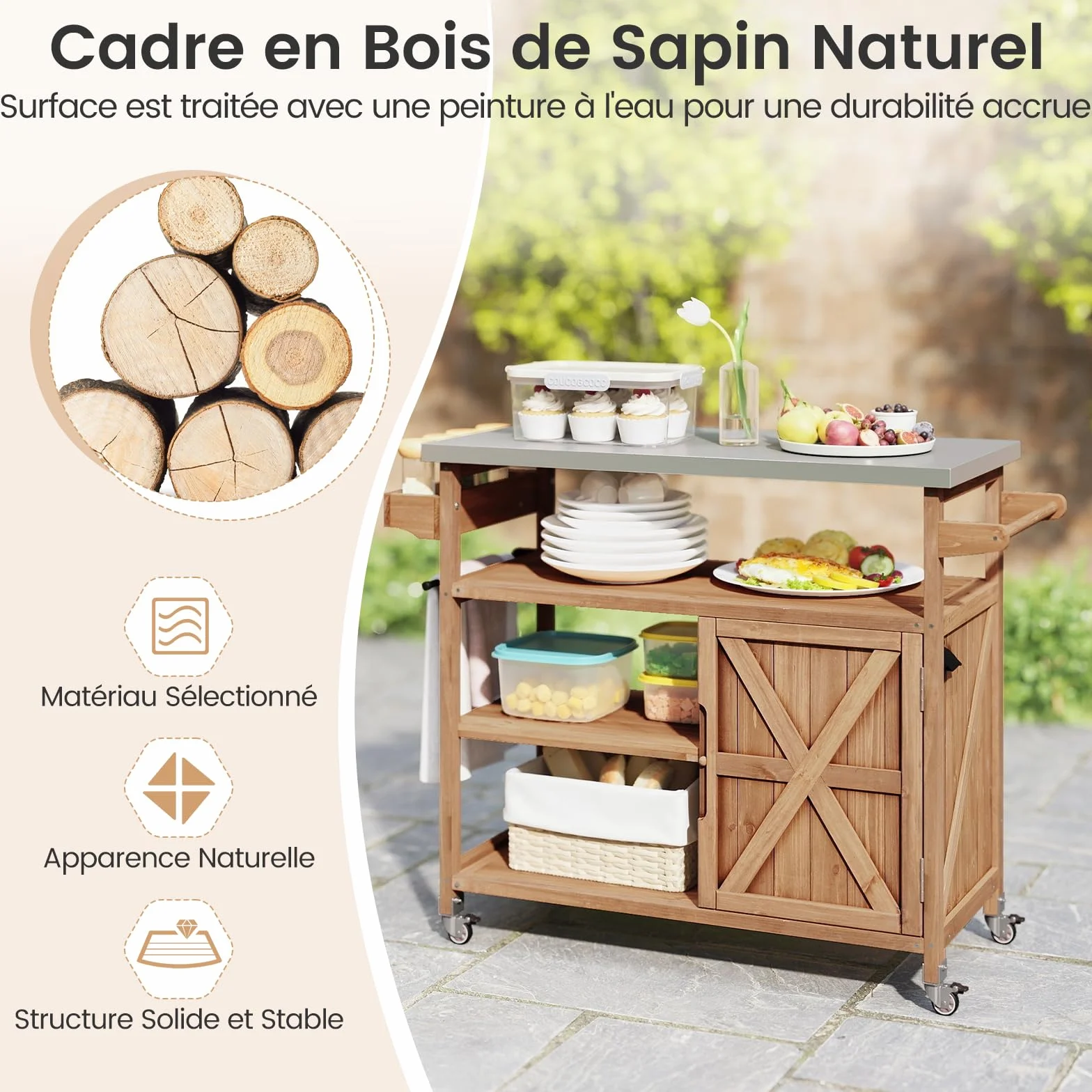 GOPLUS Desserte Jardin Barbecue en Bois, Plan de Travail Acier Inoxydable, 3 Étagères, 4 Roulettes, 47x118x92 cm