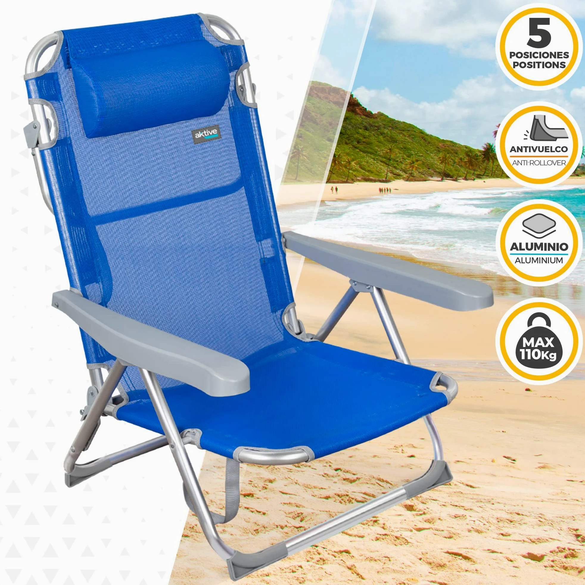 AKTIVE Beach - Lot de 2 Chaises de Plage Pliantes Gomera, Multipositions avec Dossier Réglable, Coussin, Protections Anti-Renversement et Poignée de Transport, 48 X 60 X 90 cm, Bleu