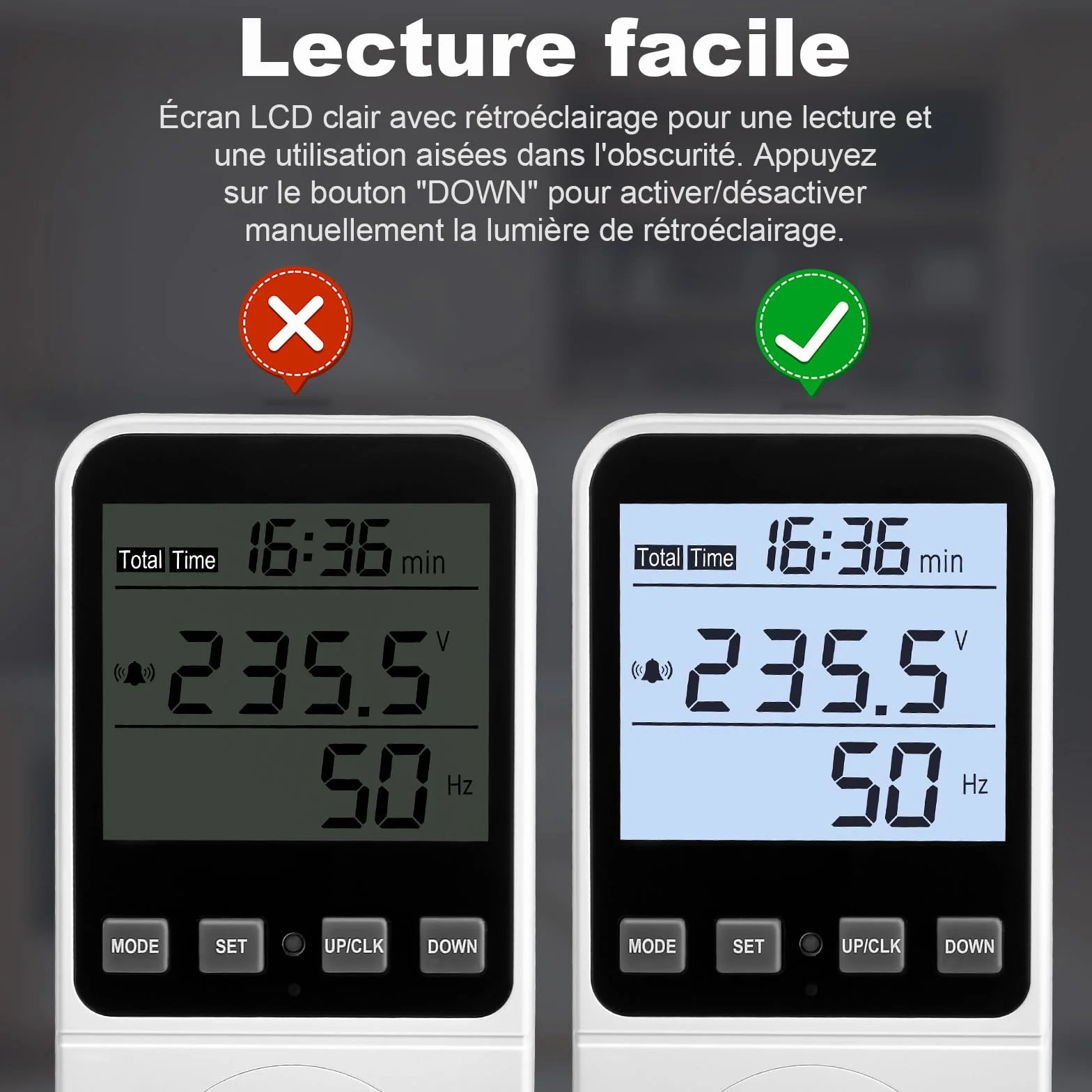 Wattmètre Prise Compteur d'Énergie 8 Modes, Écran LCD Rétroéclairé, Alarme Surcharge 3680W