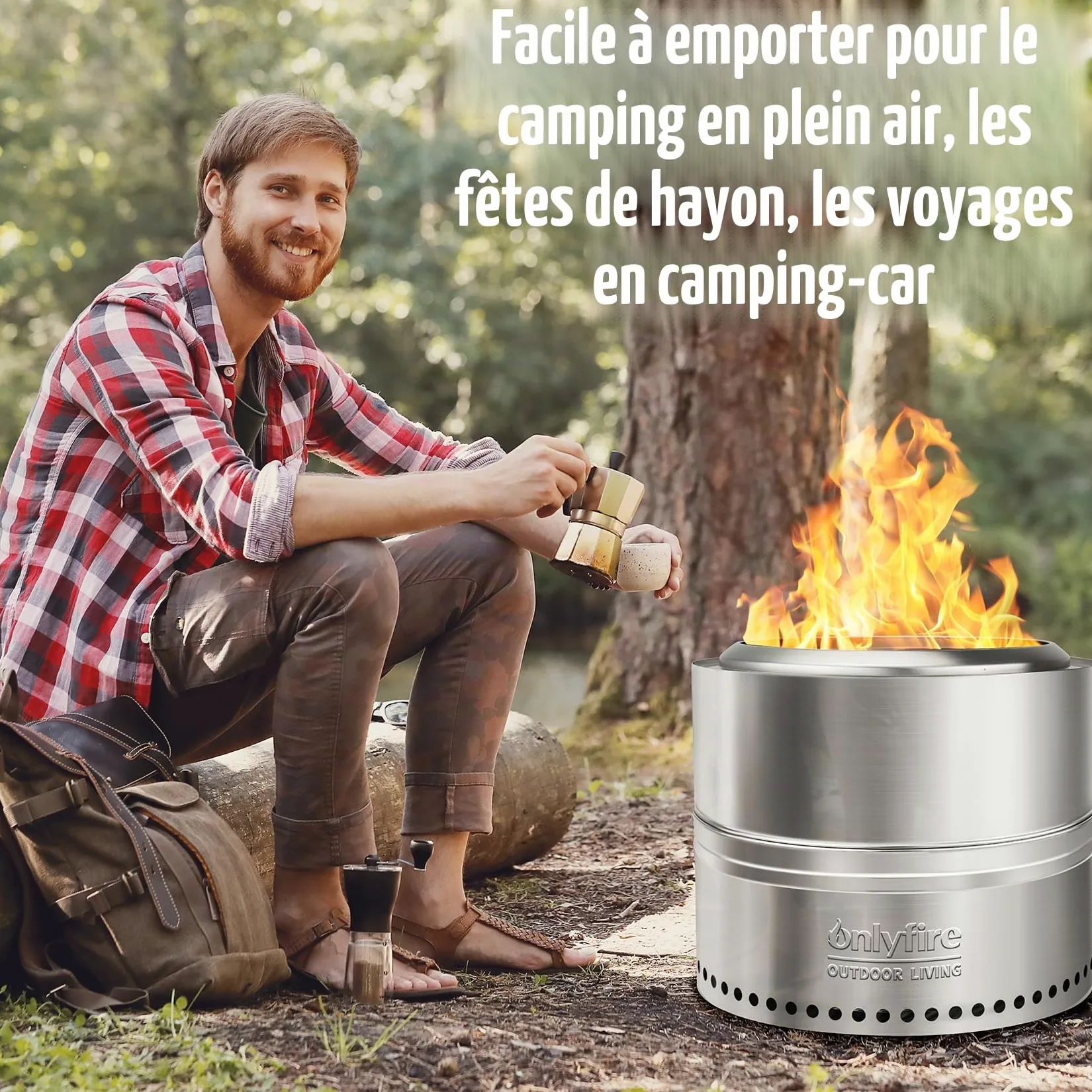 Onlyfire 50cm Foyers Extérieurs avec Sac de Transpor, Brasero Portable de sans émission de Fumée, Bac à Cendres Amovible, Acier Inoxydable, pour la Cour, Patio et Plage