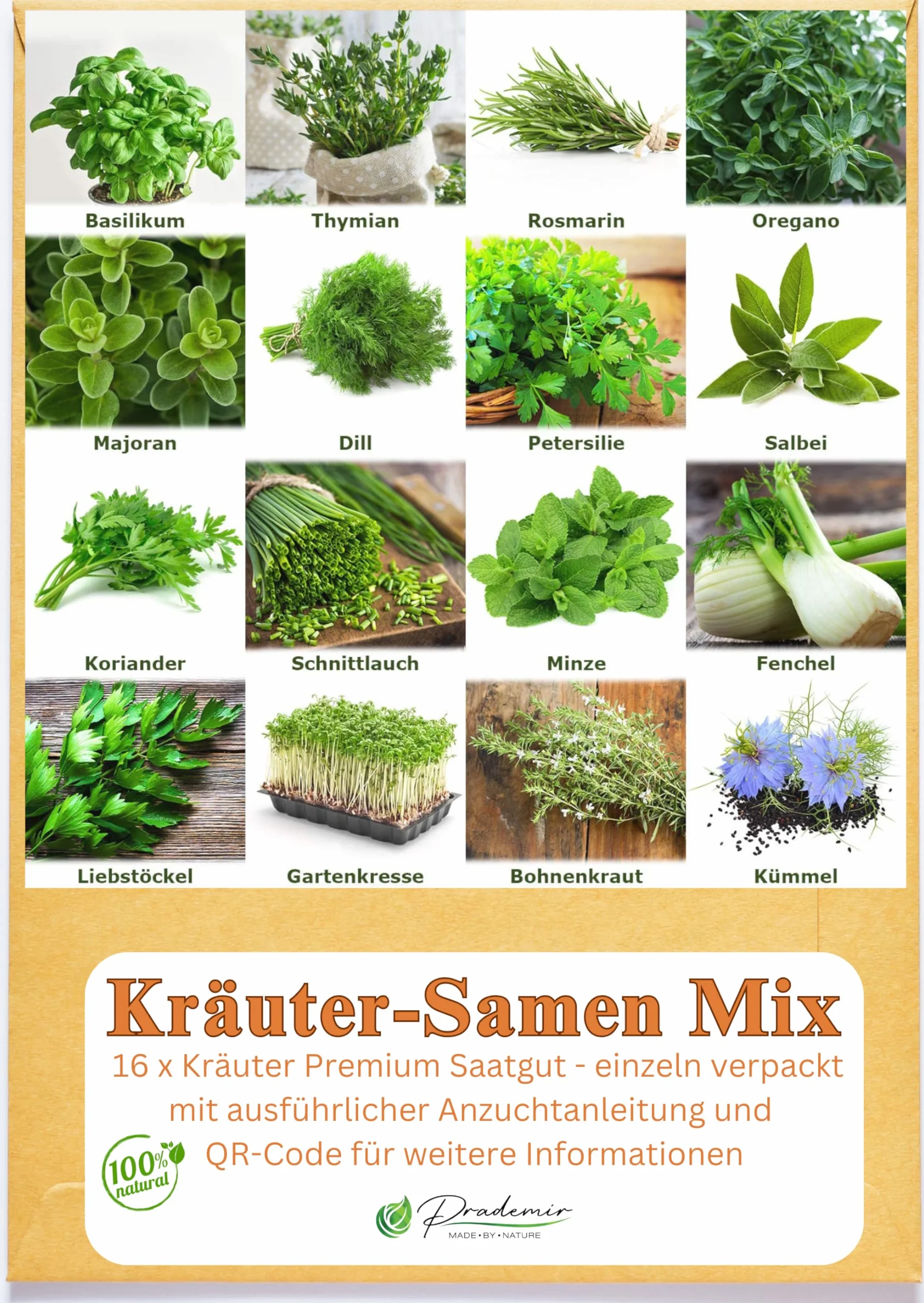 Set de graines d'herbes aromatiques PRADEMIR - 16 variétés d’herbes aromatiques - Graines 100% naturelles – Variétés les plus populaires du Portugal à haut taux de germination.