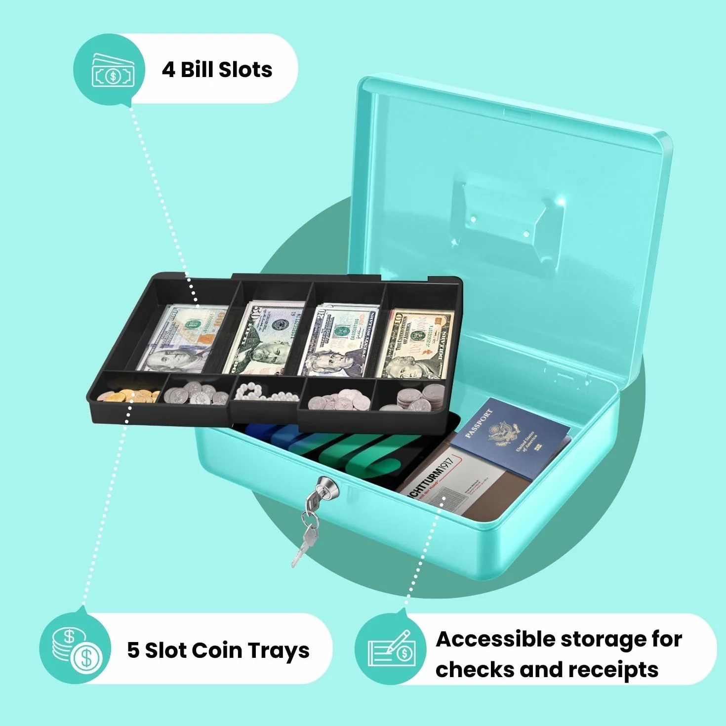 Flexzion Caisse à monnaie métal 9 compartiments plateau amovible clé
