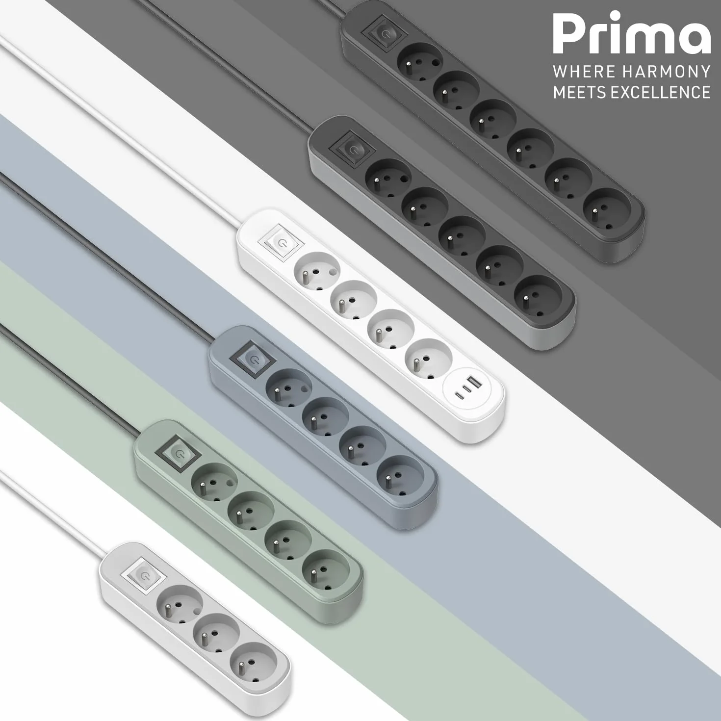 Electraline Bloc Multiprise Prima 3 Prises 16A Interrupteur 1.5 M Noir/Gris