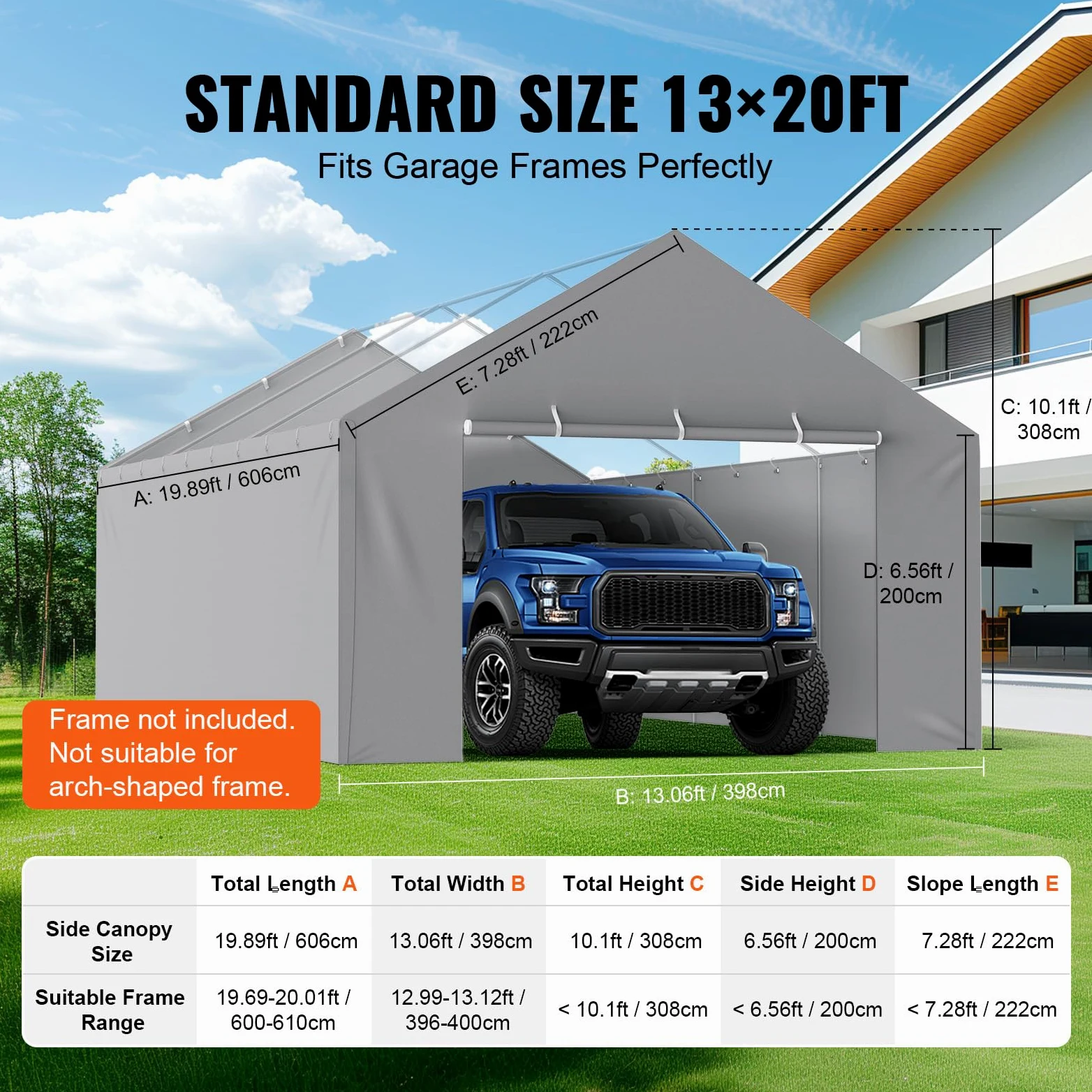 VEVOR Toile d'auvent de rechange pour abri de voiture, 6,1x4 m, bâche de garage paroi latérale, imperméable protégée contre UV, installation facile élastiques à billes, gris (haut et cadre non inclus)