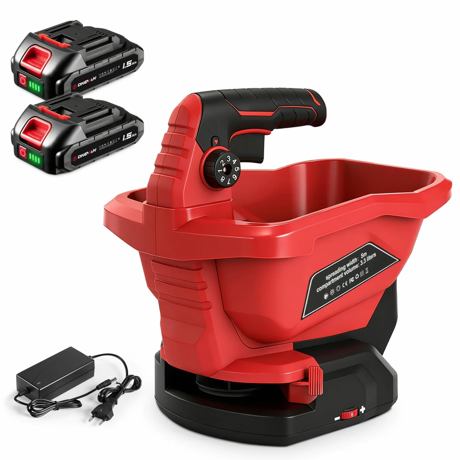 ONEVAN Épandeur sans Fil, Épandeur d'Engrais Électrique 3.3L et Épandeur de Sel de Déneigement avec 6 Niveaux de Réglage, Surface 800 m², 2×1.5Ah Batteries, Épandeur Manuel pour Engrais, Semences