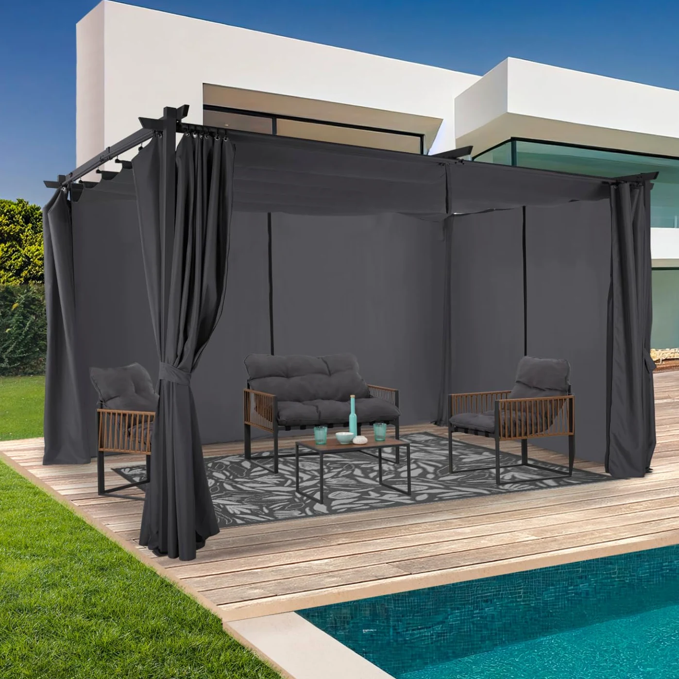 IDMarket - Pergola édition limitée Toit rétractable 3x4 M et 4 Rideaux Gris Anthracite