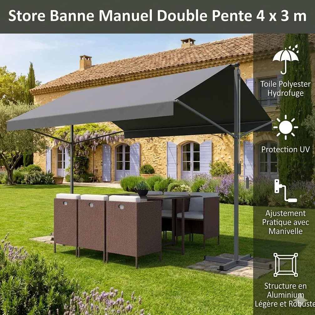 Store Banne Double Pente 4x3m Manuel ISEO Gris - Toile Waterproof 250g/m² Hydrofuge & Anti-UV - Protection Jardin & Terrasse avec Manivelle - Structure Aluminium Robuste - Concept Usine