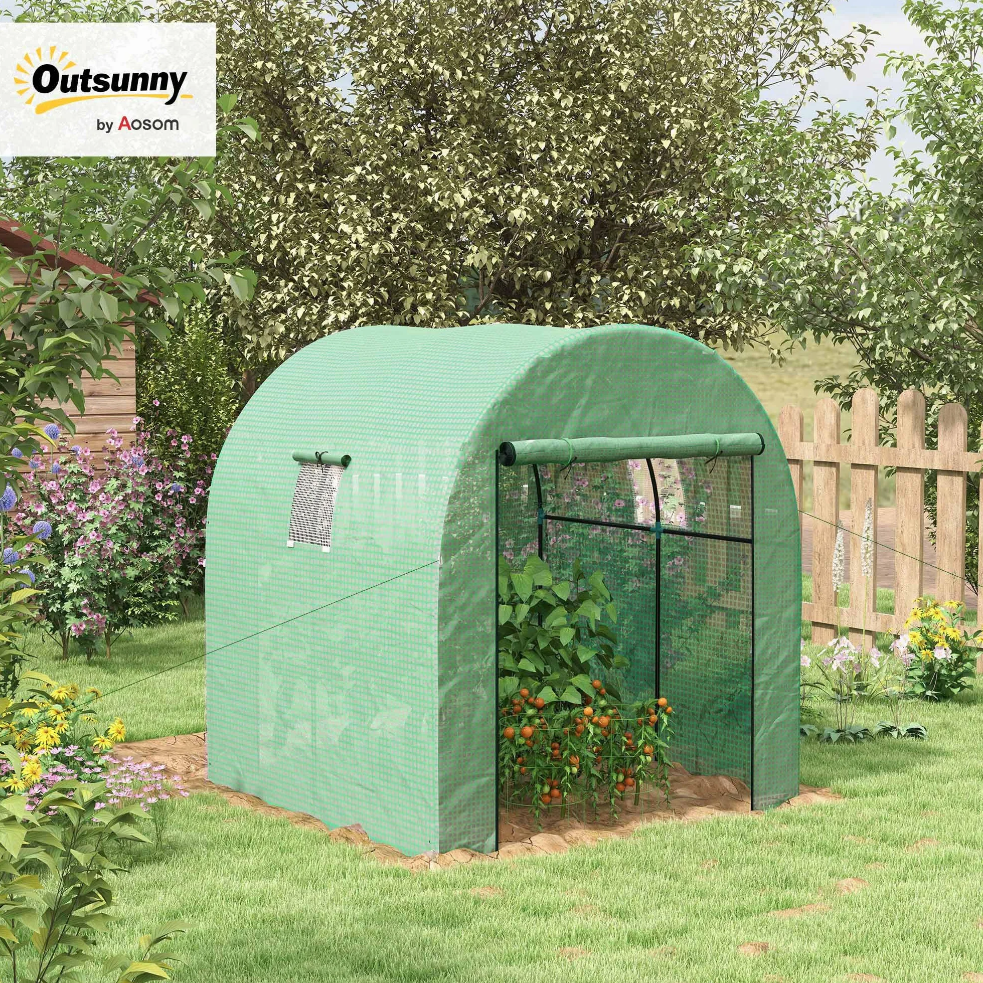 Outsunny Serre de Jardin Serre Tunnel de Jardin 3,24m² PE Haute densité 135 g/m², avec 2 Portes zippées enroulables 2 fenêtres en Maille, pour Toutes Saisons, 180 x 180 x 200 cm, Vert