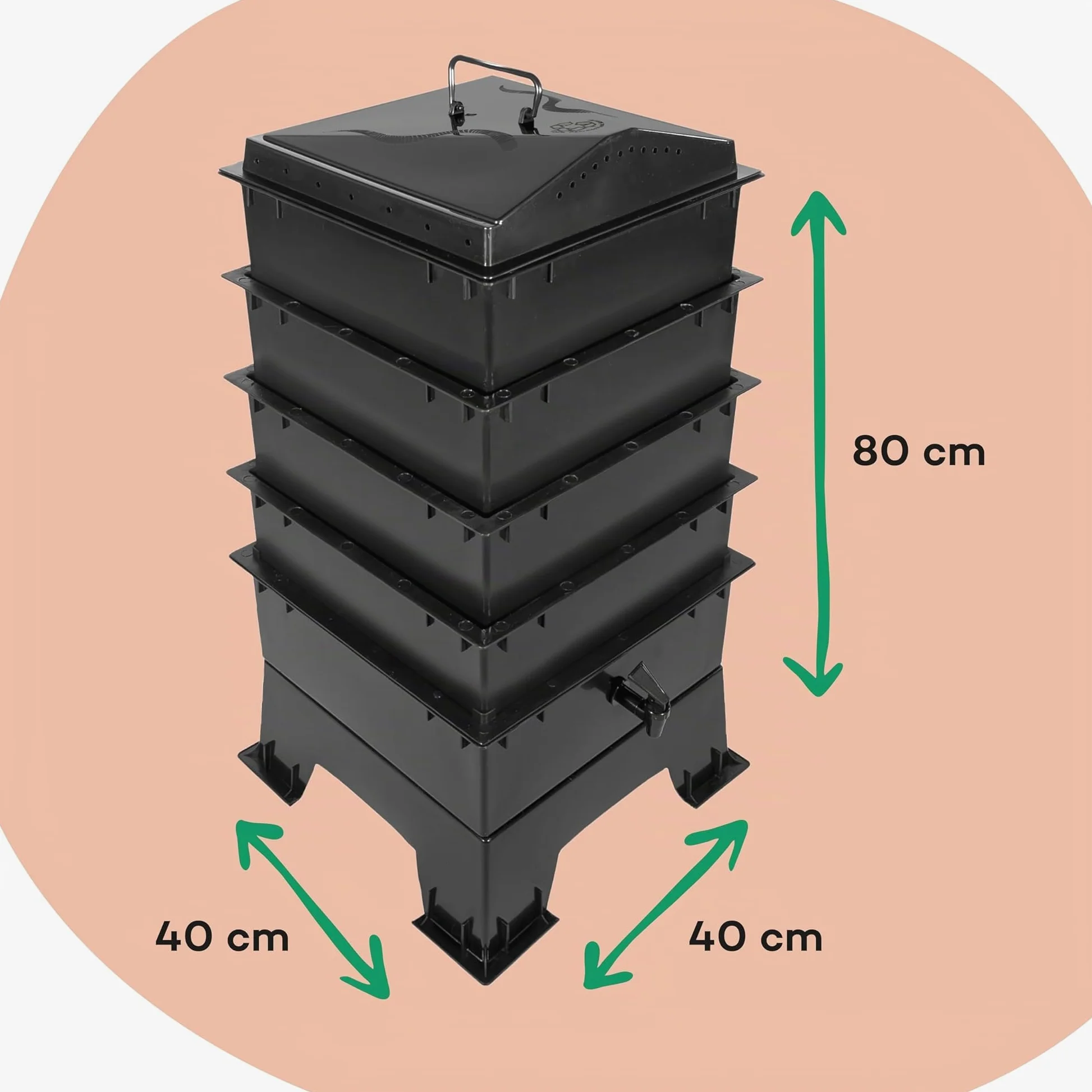 Lombricomposteur 4 Plateaux Kit Complet | 150gr de vers de Compost | Substrat de démarrage + Bloc de Coco + Accessoires | Intérieur, Balcon et Jardin (Noir)