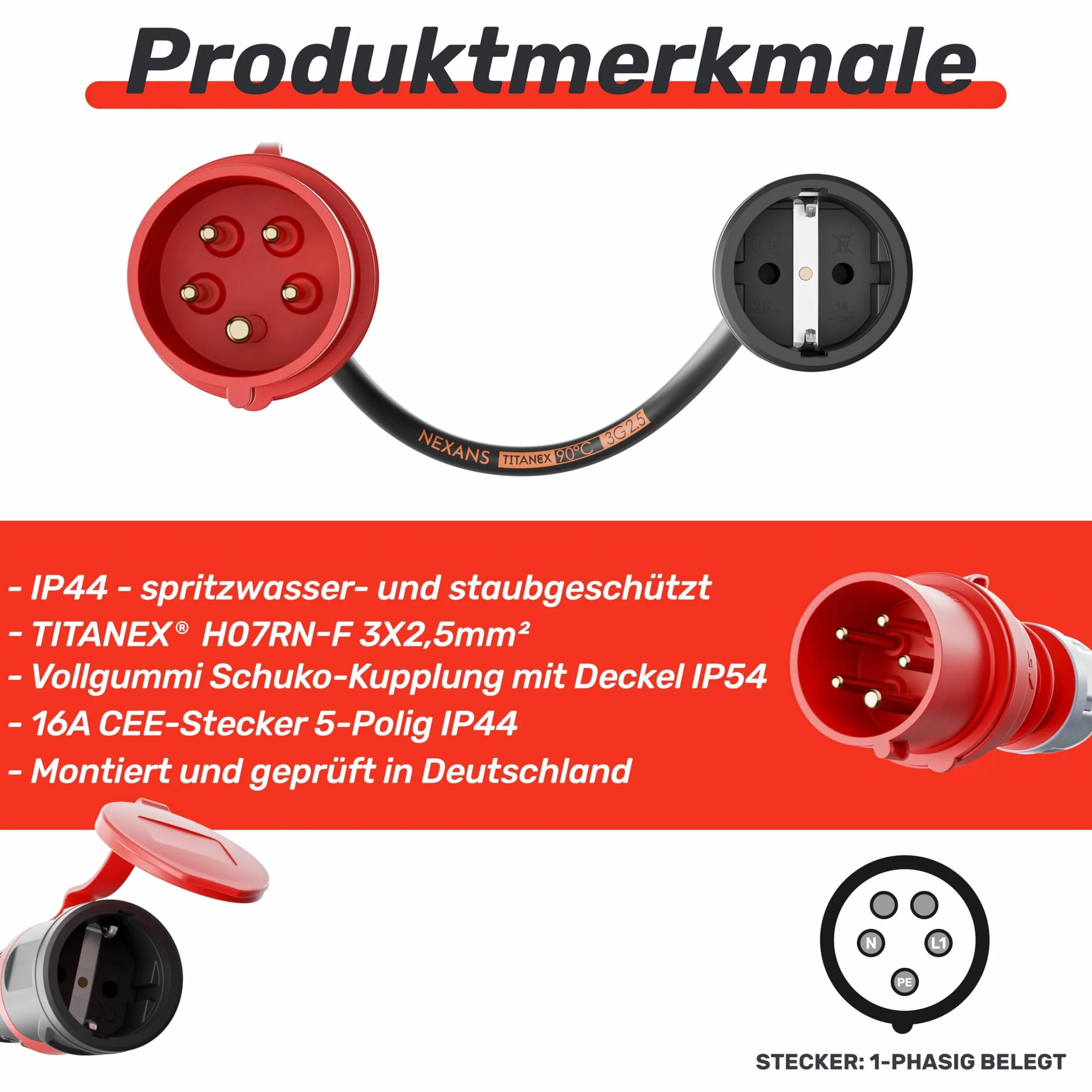 Adaptateur NWP 16 A 400 V vers prise Schuko 230 V IP44 3 x 2,5 mm² Câble en caoutchouc