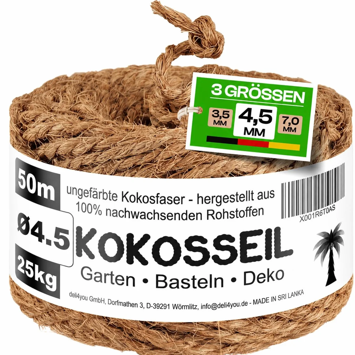 Corde en Fibre de Coco 4,5 mm x 50 m - Ficelle pour Jardinage, Bricolage et Décoration - Corde Arbre à Chat, Ficelle Jardin, Attache Tomate, Tuteur Arbre - Charge maxi : 25 kg