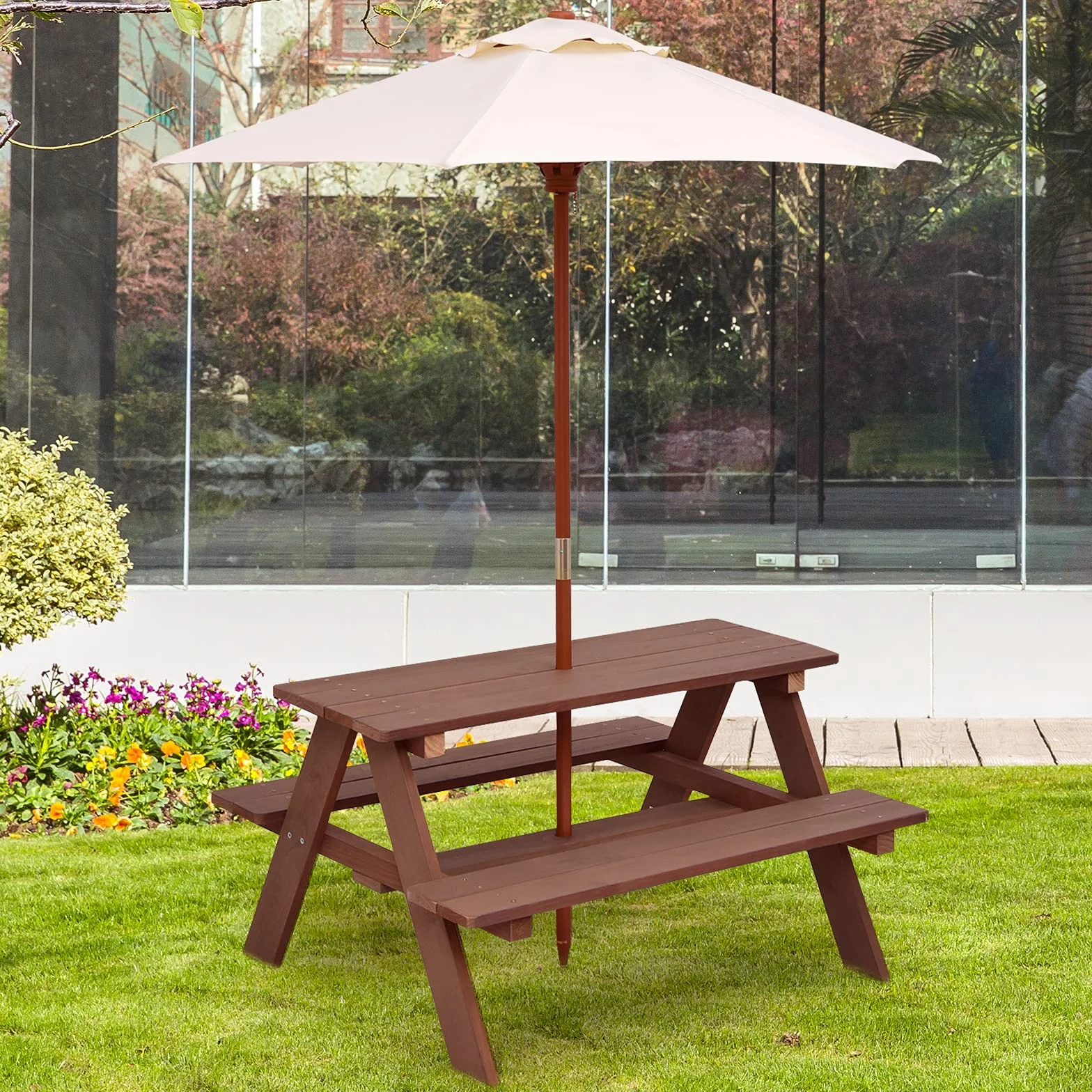 COSTWAY Table de Pique-Nique Enfants avec Parasol Amovible, Bois, 89x79x175cm