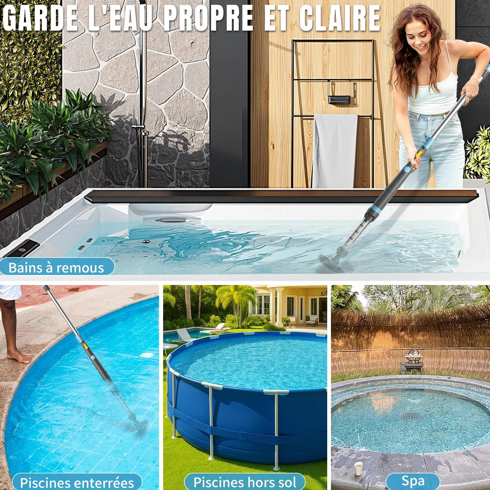 LEADZM Aspirateur Piscine Batterie sans Fil 4000mAh, Aspirateur Piscine Hors Sol pour Spa, 60 Min Autonomie, 260x18x9,5 cm (Bleu)