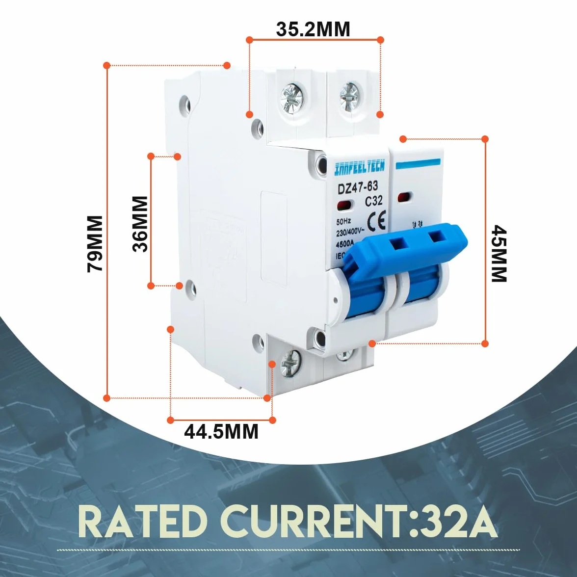 Disjoncteur MCB Bipolaire 32 Ampère 230V pour rail DIN