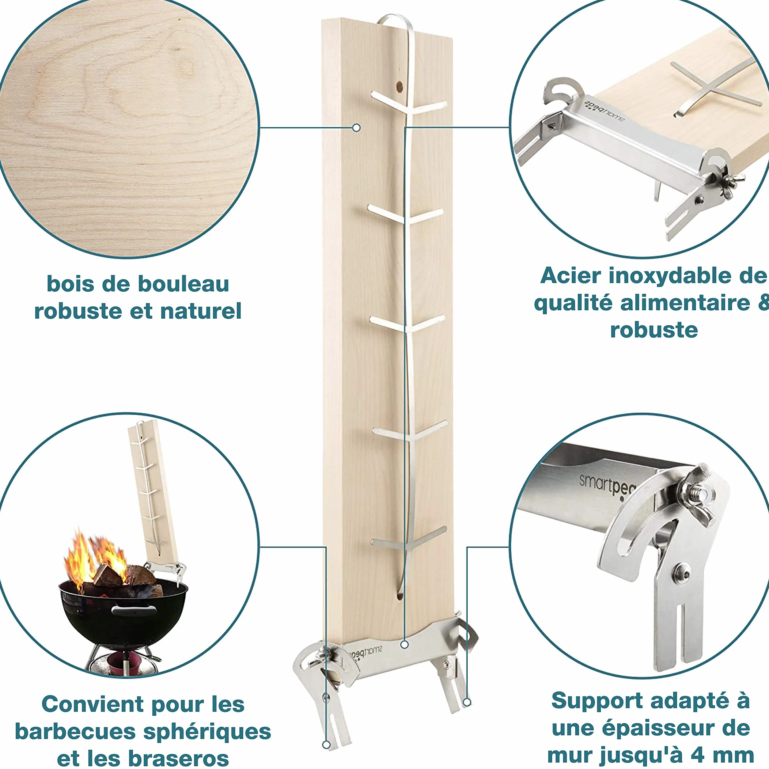 Planche à saumon ignifuge en bois de bouleau avec support en acier inoxydable inclinable et gants en silicone