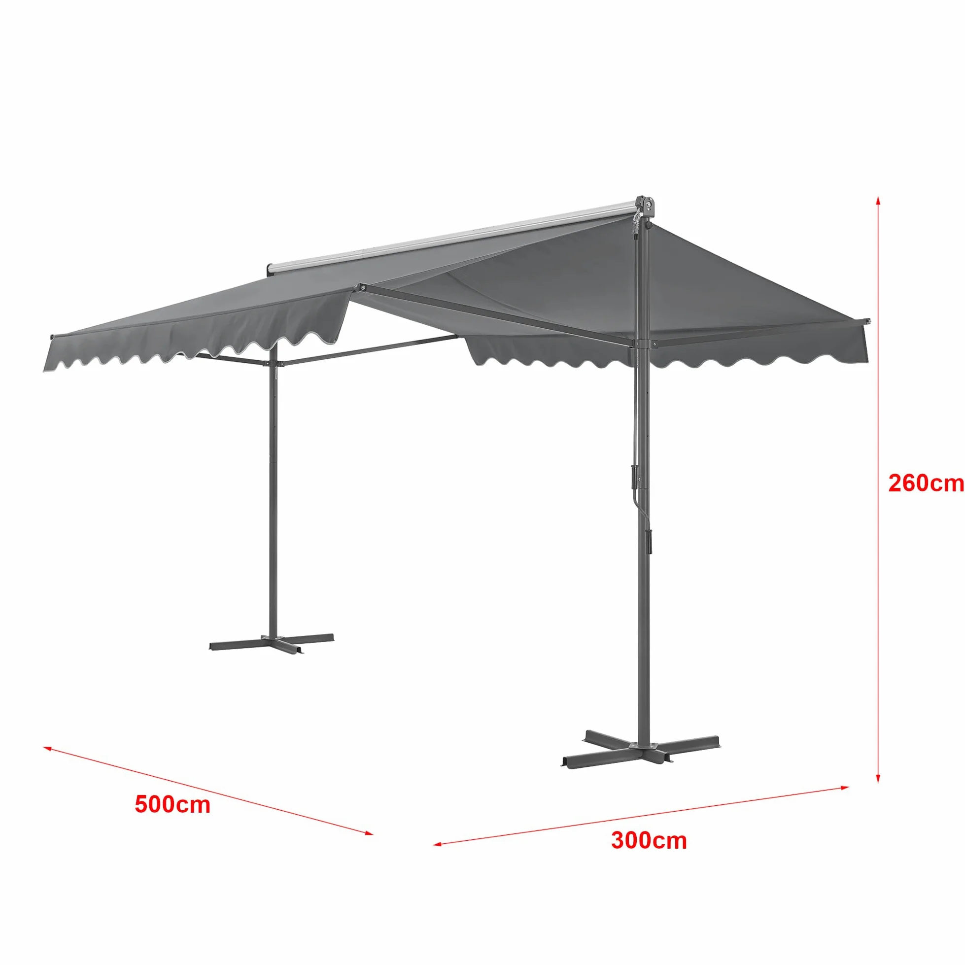 pro.tec Store Banne Autoportant Double Pente à Manivelle pour Terrasse et Jardin Polyester Revêtement PU Aluminium Acier Laqué 500 x 300 x 260 cm Gris Foncé