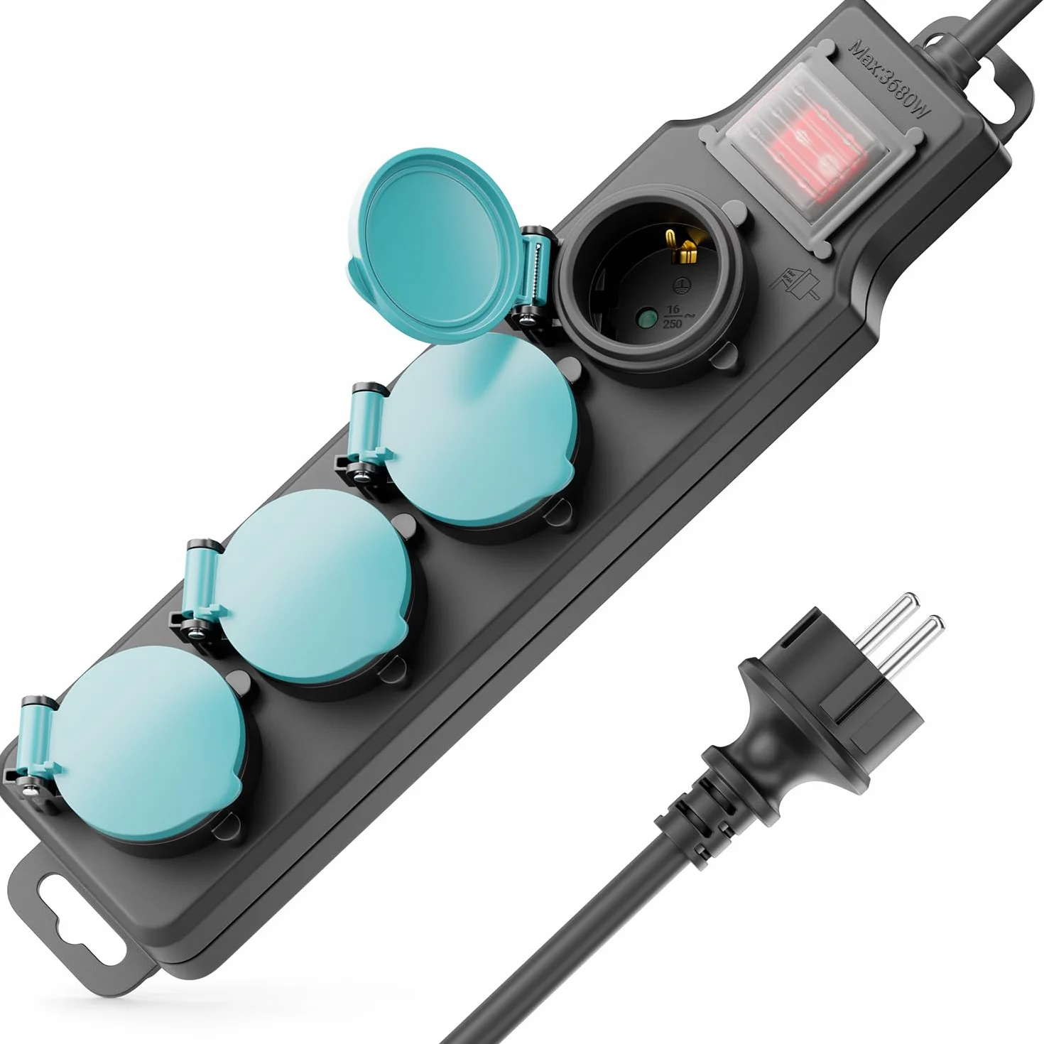 deleyCON Multiprise Extérieure 4 Prises IP44 5m Câble Interrupteur