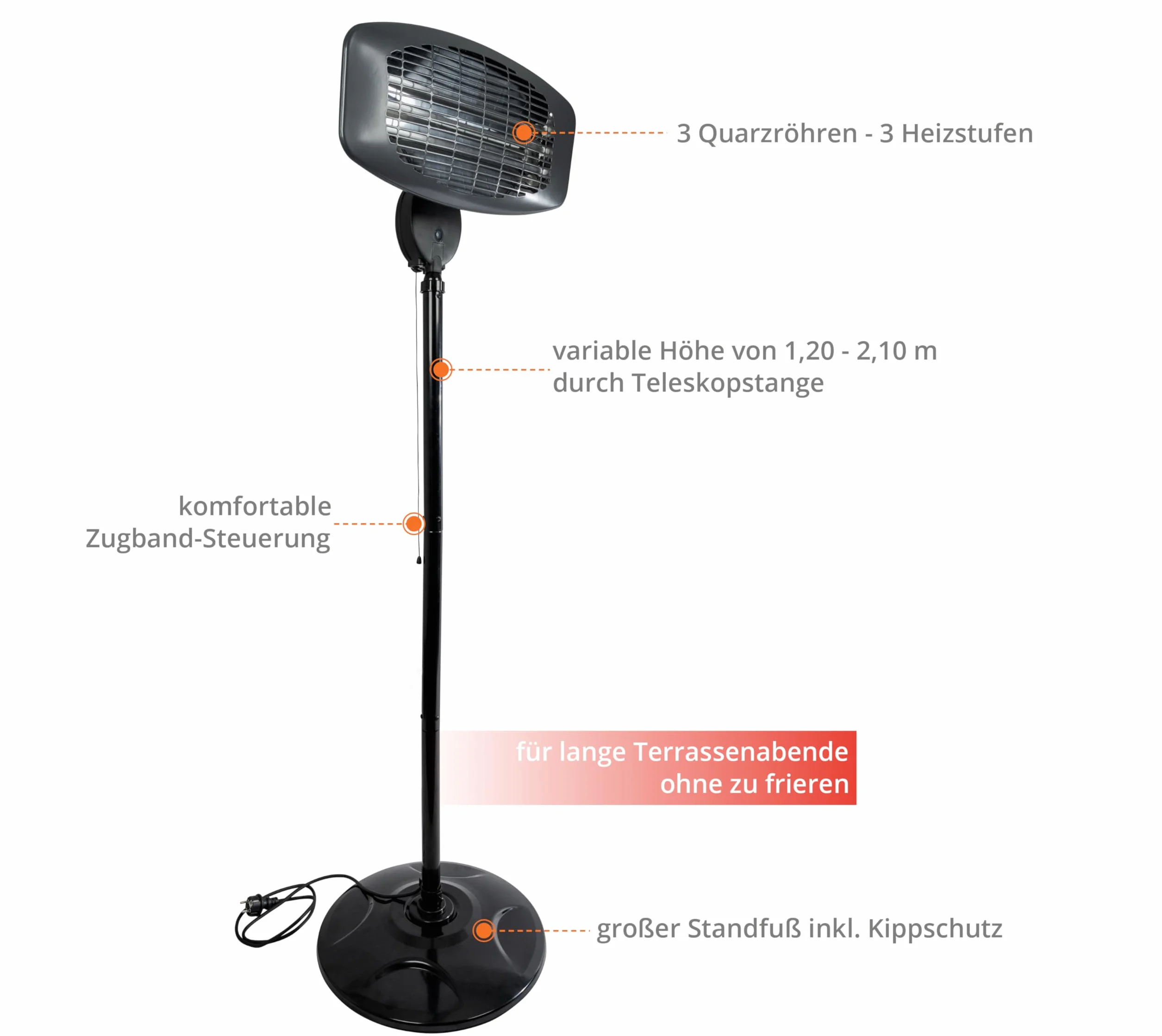 Güde Chauffage infrarouge sur pied GIH 2000 2000 W 3 niveaux 650/1035/2000 W 15 m³