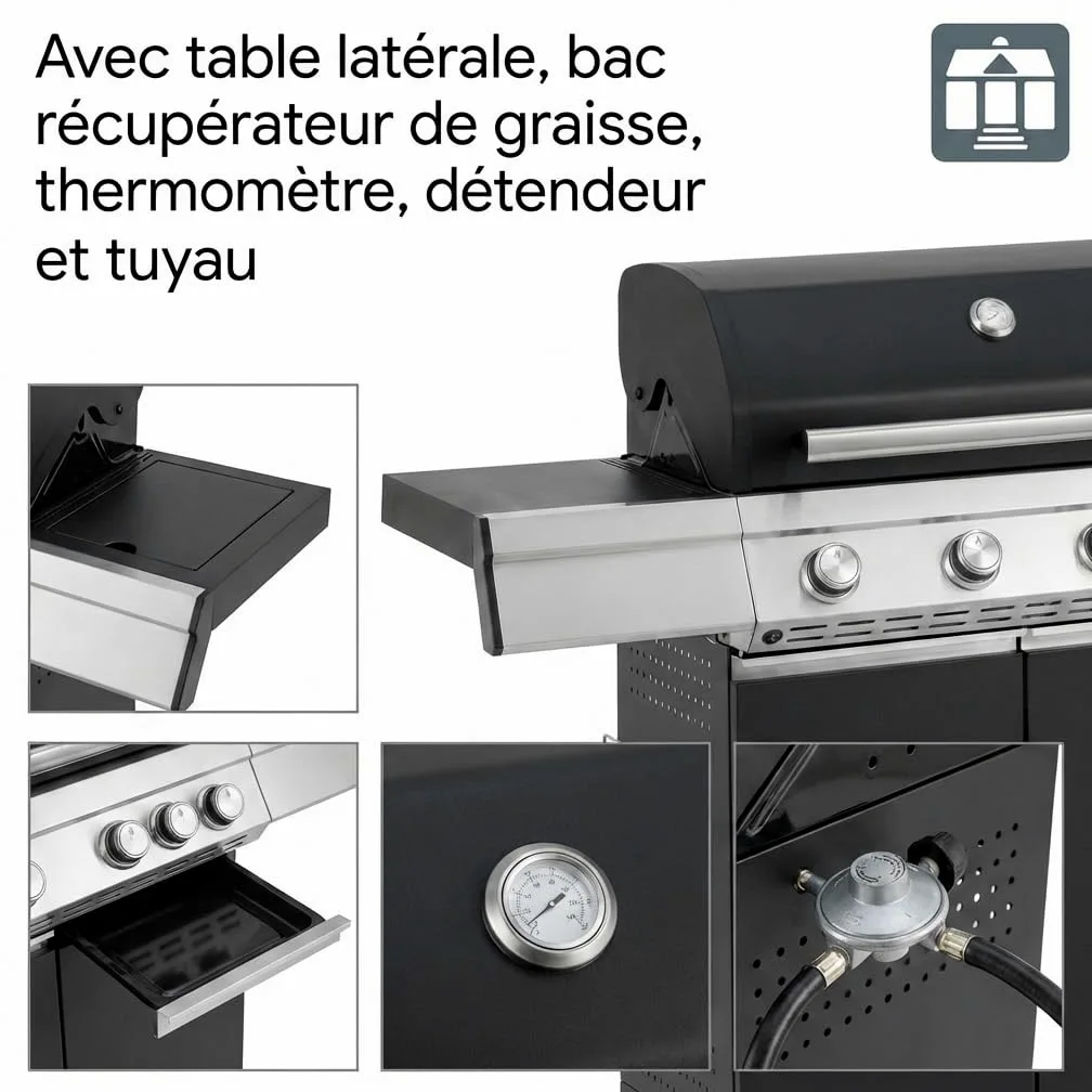 Tarrington House Barbecue à Gaz Paxton, 4 Brûleurs + 1 Latéral, Acier/Acier Inoxydable, 17 kW, Couvercle avec Thermomètre, Table latérale, Allumage électrique, Roulettes, Noir