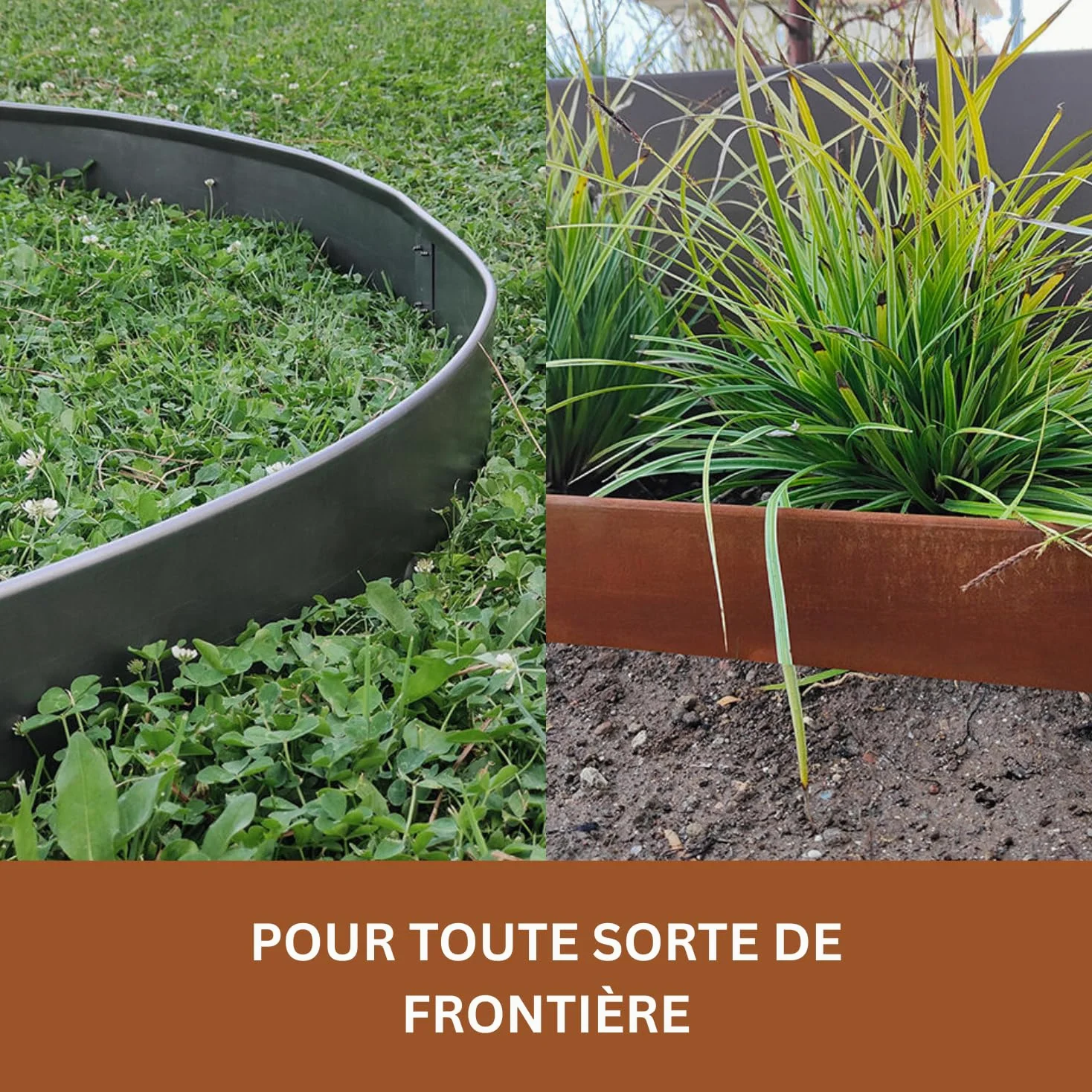 RoRi Bordure de pelouse en Acier Cortenstahl 10 m - 10 cm de Hauteur - Dessus Arrondi - 10 x 1 m Bordure - Pliage des Bordures de pelouse - Clôture pour vergers Marron