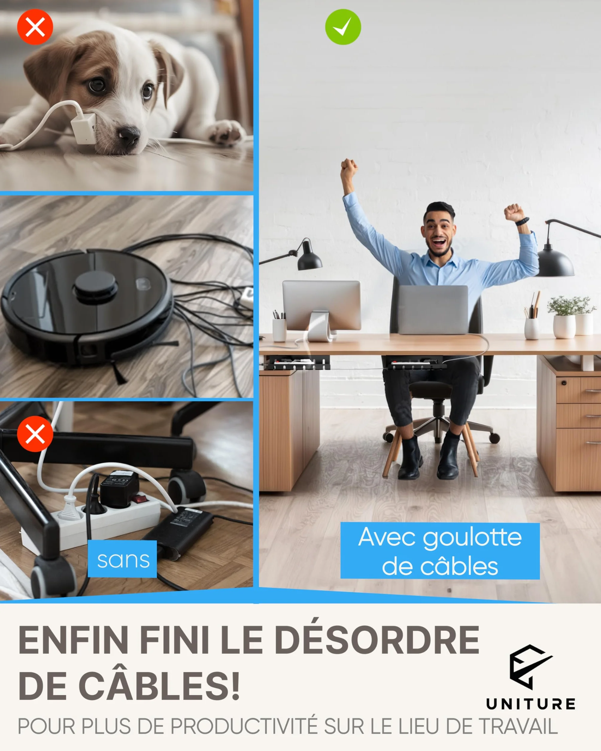 Lot de 2 Passe-câble Bureau Adhésif 40 cm Cache-Fil Goulotte Gestion des Câbles Noir
