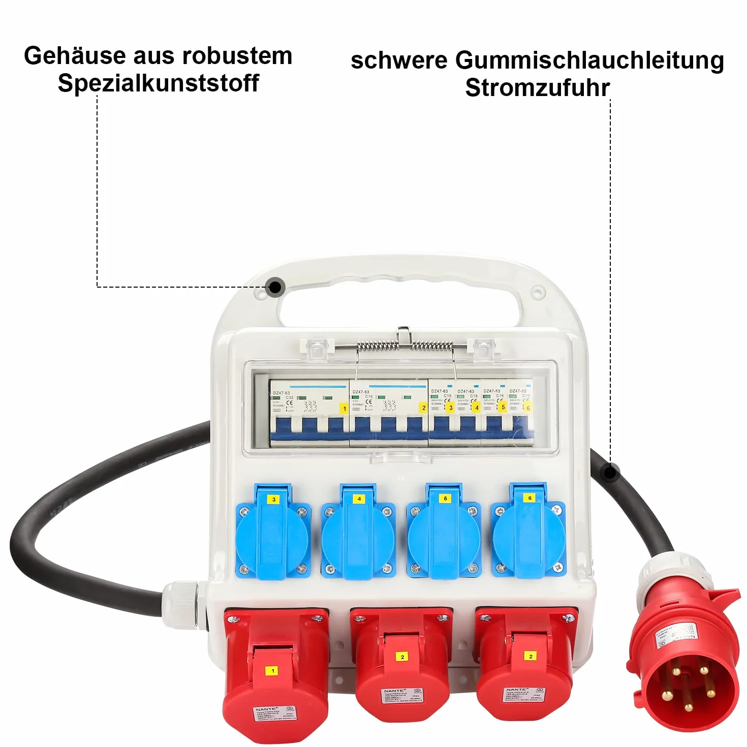 Distributeur mural CEE 16A 400V 32A 400V 230V Schuko IP44 5 pôles câble caoutchouc