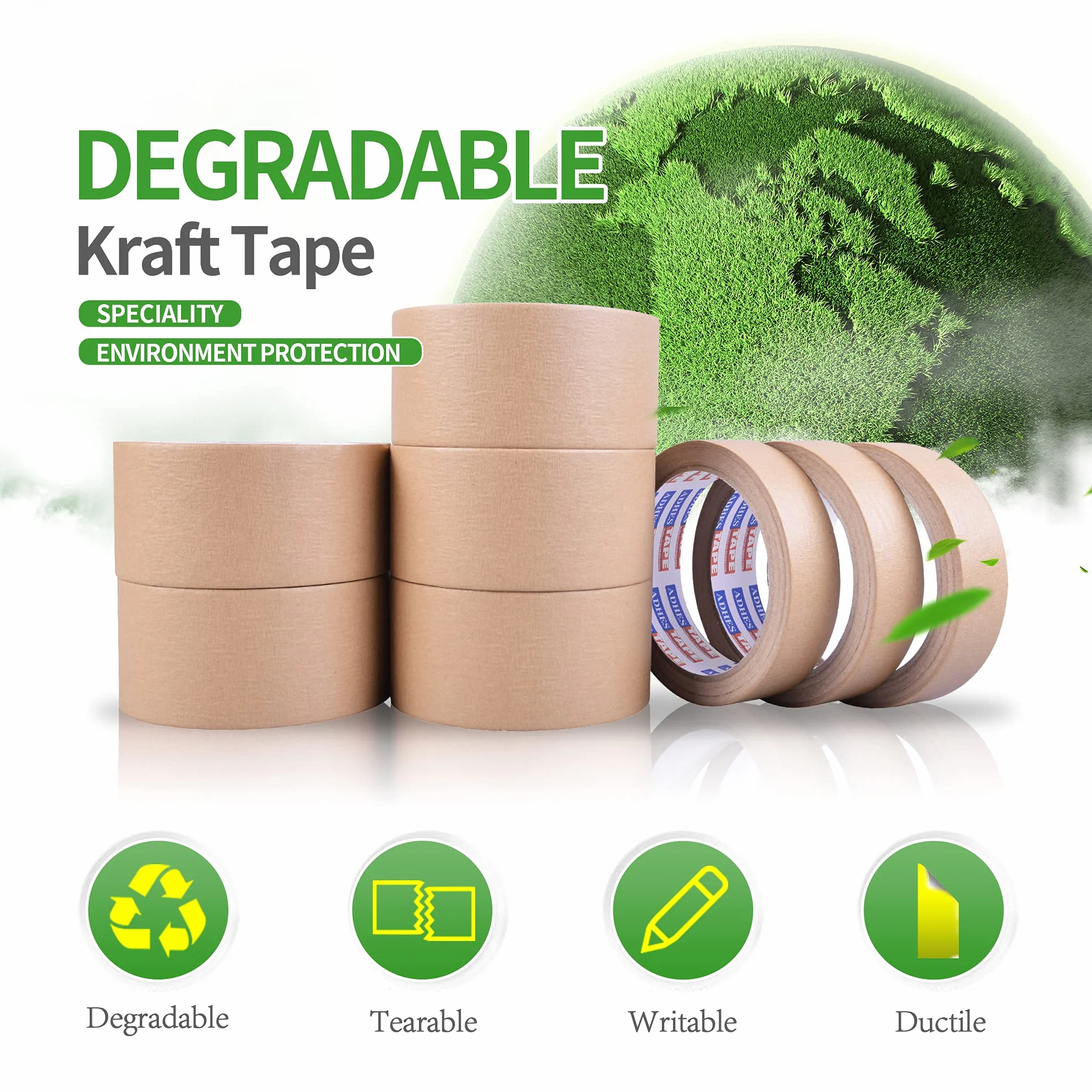 ADHES Ruban adhésif d'emballage en papier kraft biodégradable 50mm x 50m brun