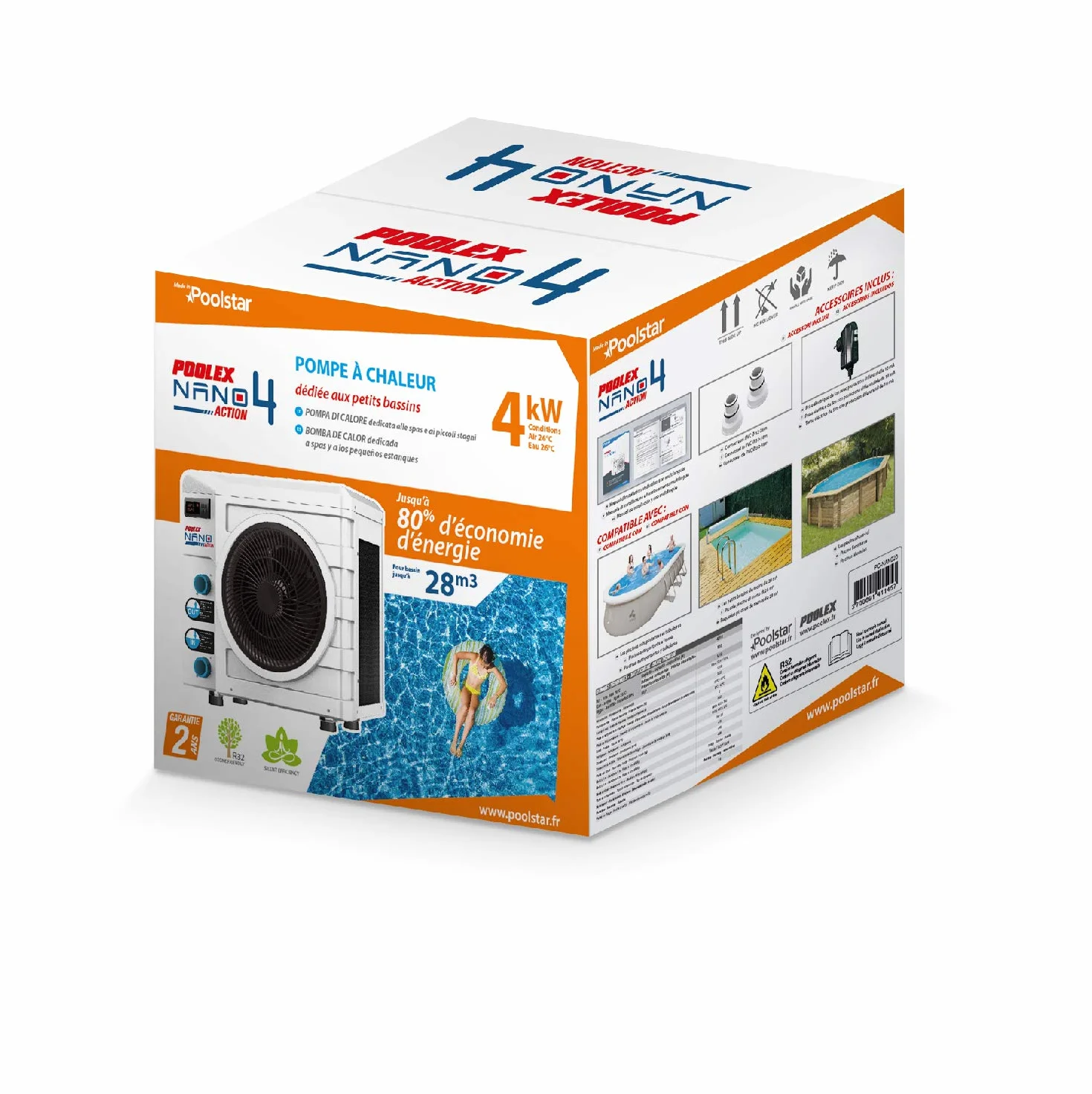 POOLEX - PC-Nano-A4 - Pompe à Chaleur Piscine Dédiée aux Petites Piscines Hors-Sol - Consommation de 810 W - Volume du Bassin de 15 à 28m3