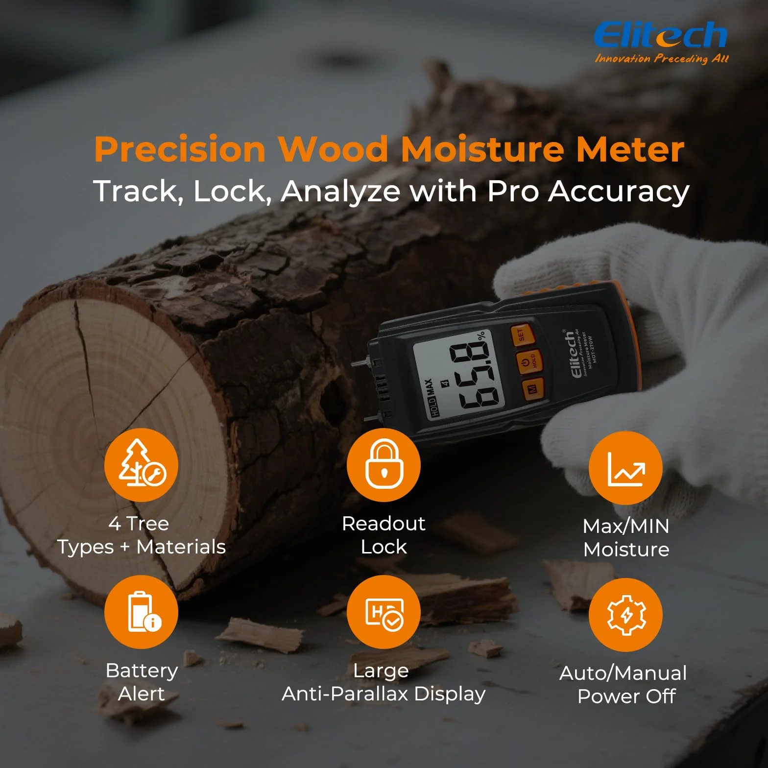 Elitech Humidimètre Numérique pour Bois MOT-270W, Testeur d'Humidité Précision ±2%, Sondes 9,8 mm