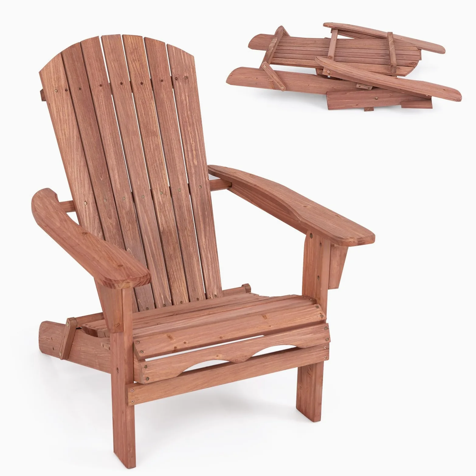 COSTWAY Chaise Adirondack en Bois de Sapin, Chaise de Jardin Exterieur Pliable, Siège à Lattes, Dossier Incliné et Haut, Fauteuil Exterieur pour Jardin Pisine Terrasse, Charge 180 KG, Marron