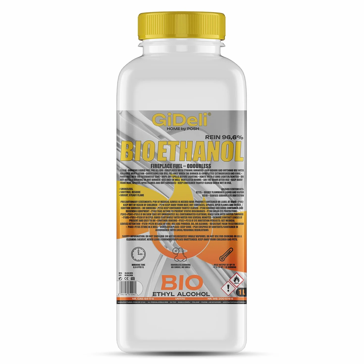 GiDeli Bioéthanol 96,6% Inodore 1 litre pour cheminée de table, intérieur et extérieur