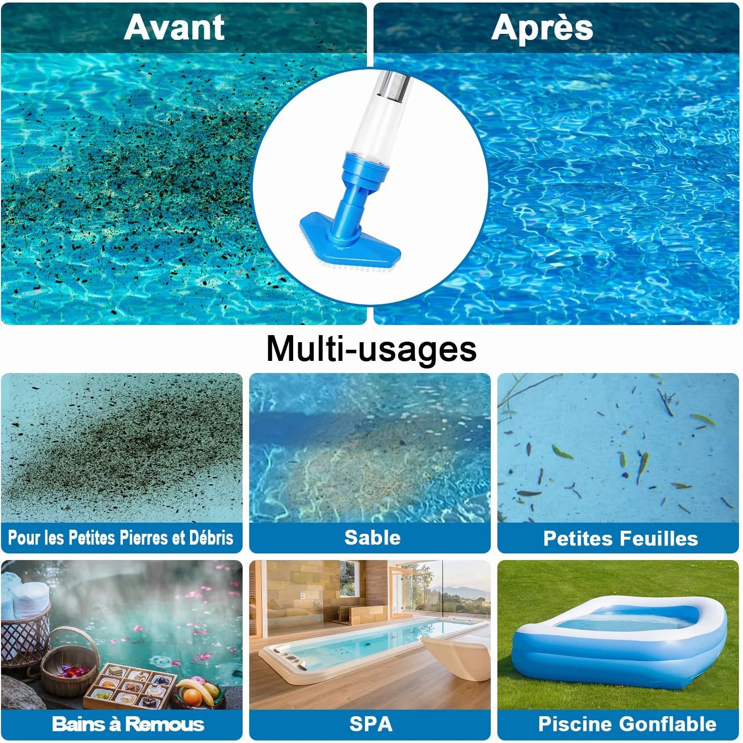 Aspirateur de Piscine sans Fil 3 en 1, Batterie Rechargeable 90 Min, Bleu