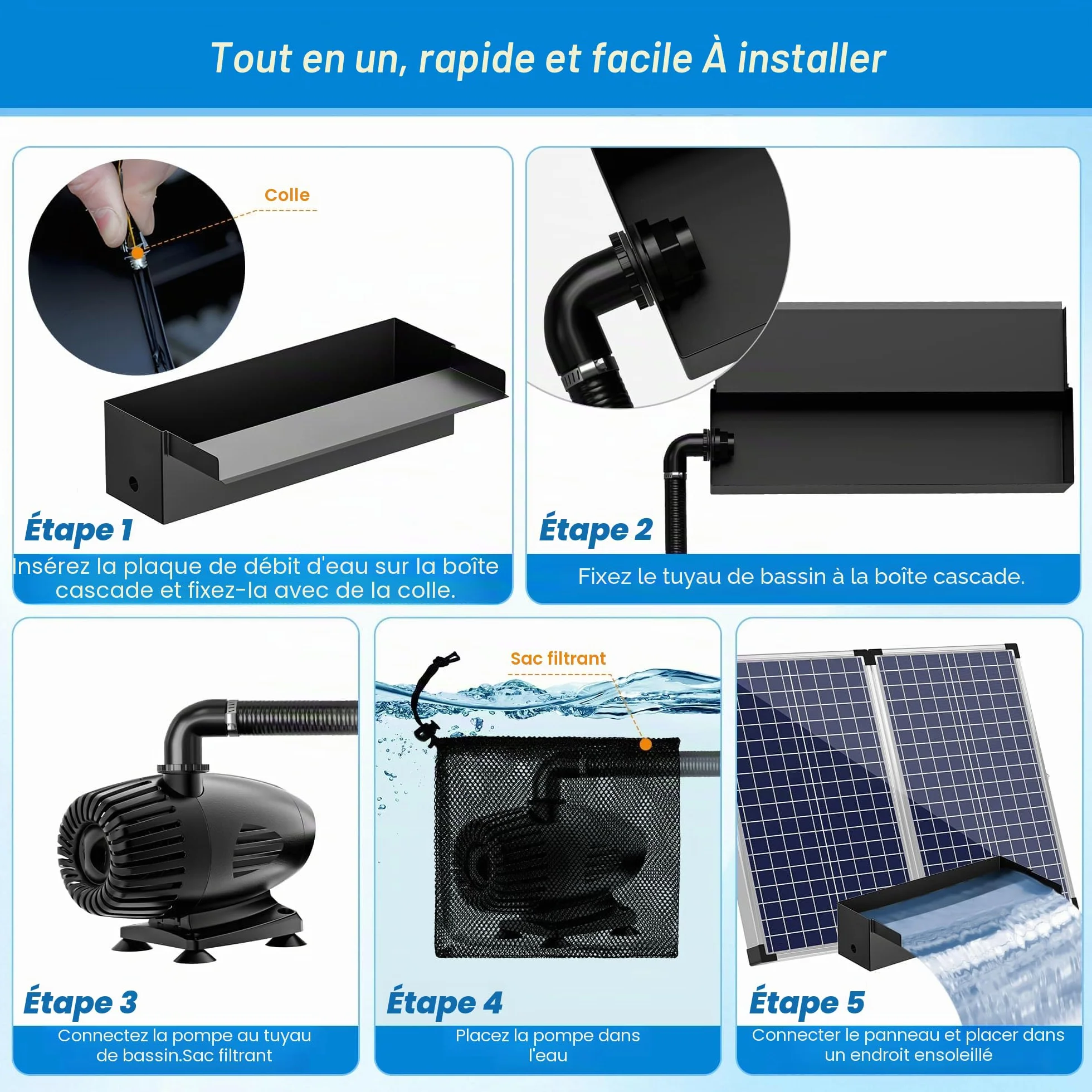 Kit de cascade solaire pour bassin 70 W 30 cm acier inoxydable pompe à trop-plein
