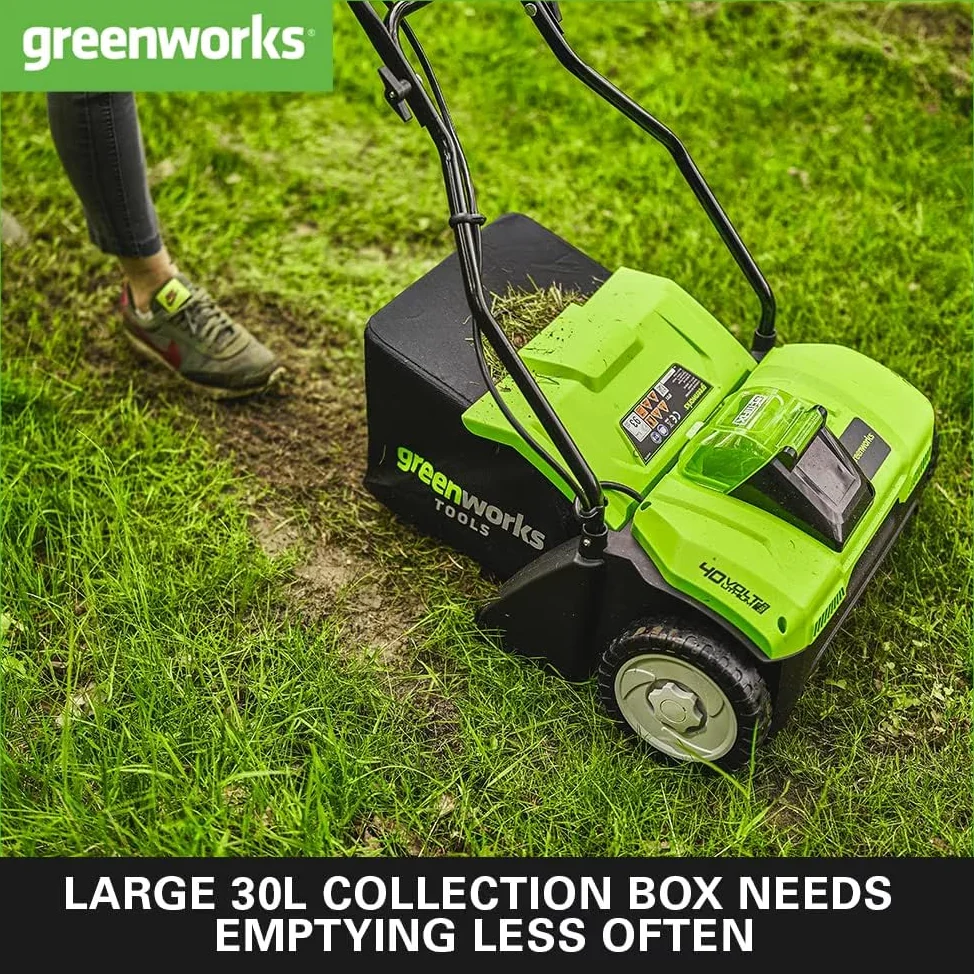 Greenworks 40V Scarificateur électriques Aérateur à Gazon Sans Fil, Émousseur, 3600 tr/min, Largeur de Travail 36 cm, Bac de Ramassage 30 L SANS Batterie Chargeur G40DT35
