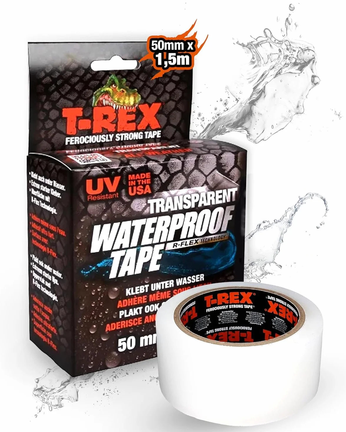 Ruban adhésif transparent étanche T-REX 50mm x 1,5m résistant aux UV chaleur piscine extérieur
